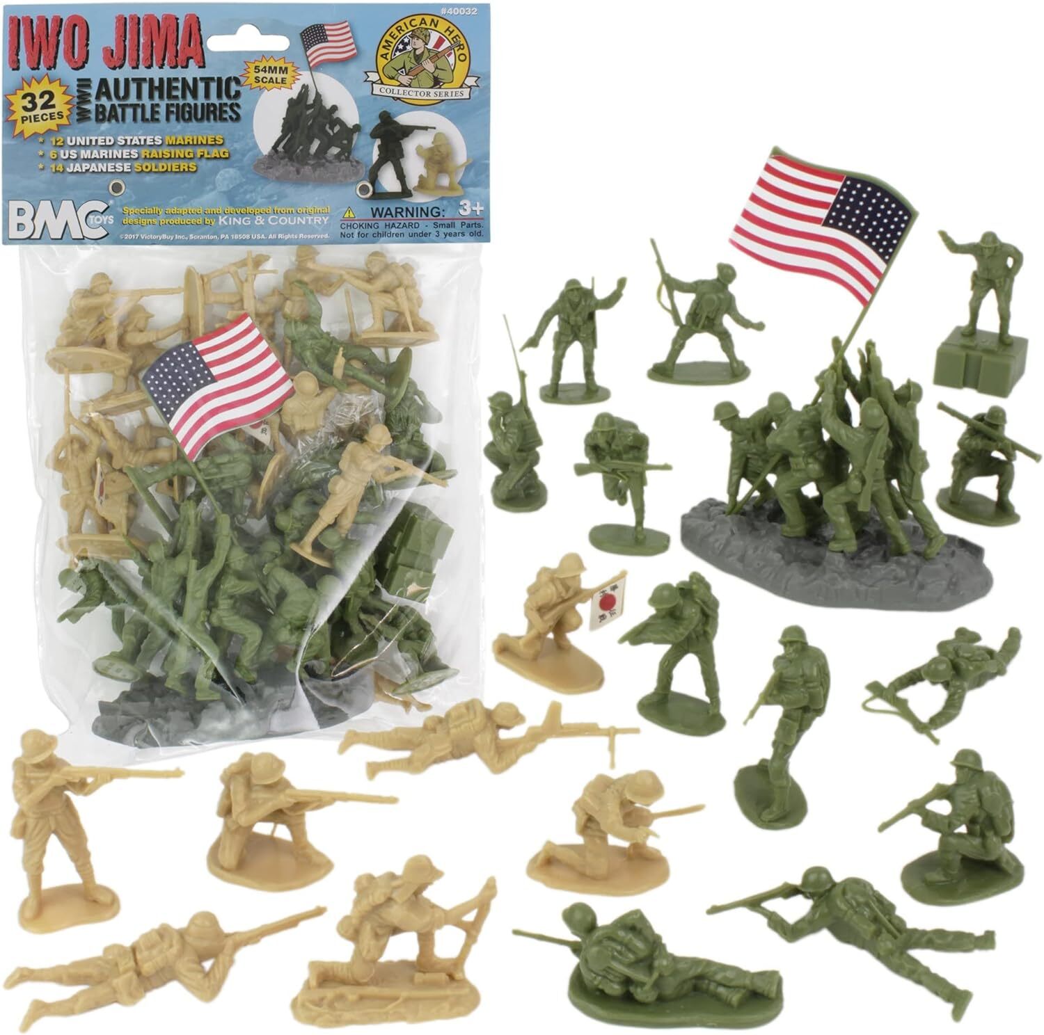 BMC WW2 Iwo Jima Plastic Army Men - 32 American and Japanese Olive Drab / Tan 