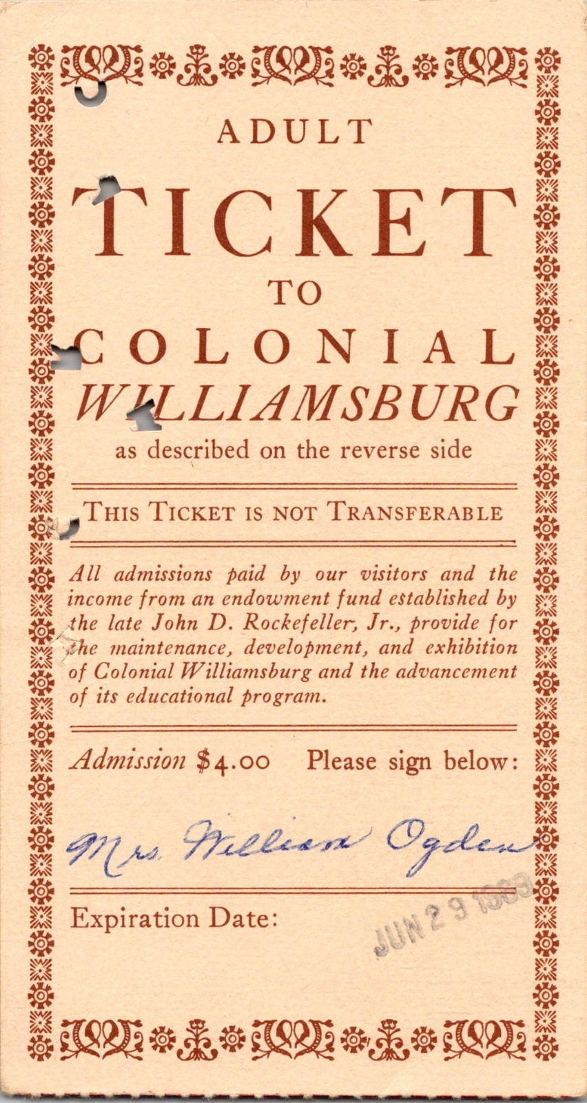 Ticket To Colonial Williamsburg 1969 Vintage Travel Leaflet TB18