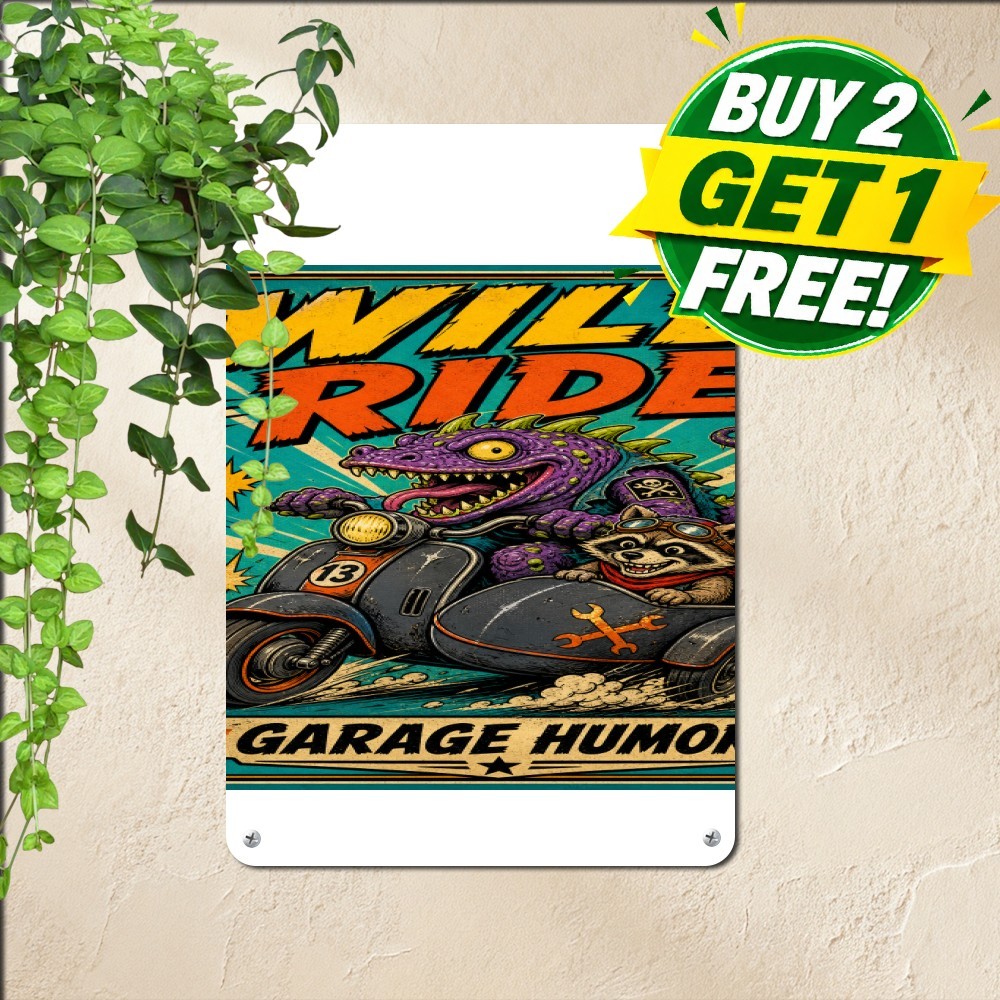 Green Monster Riding Motorcycle Sign Funny Biker Garage Wall Decor Metal Plaque