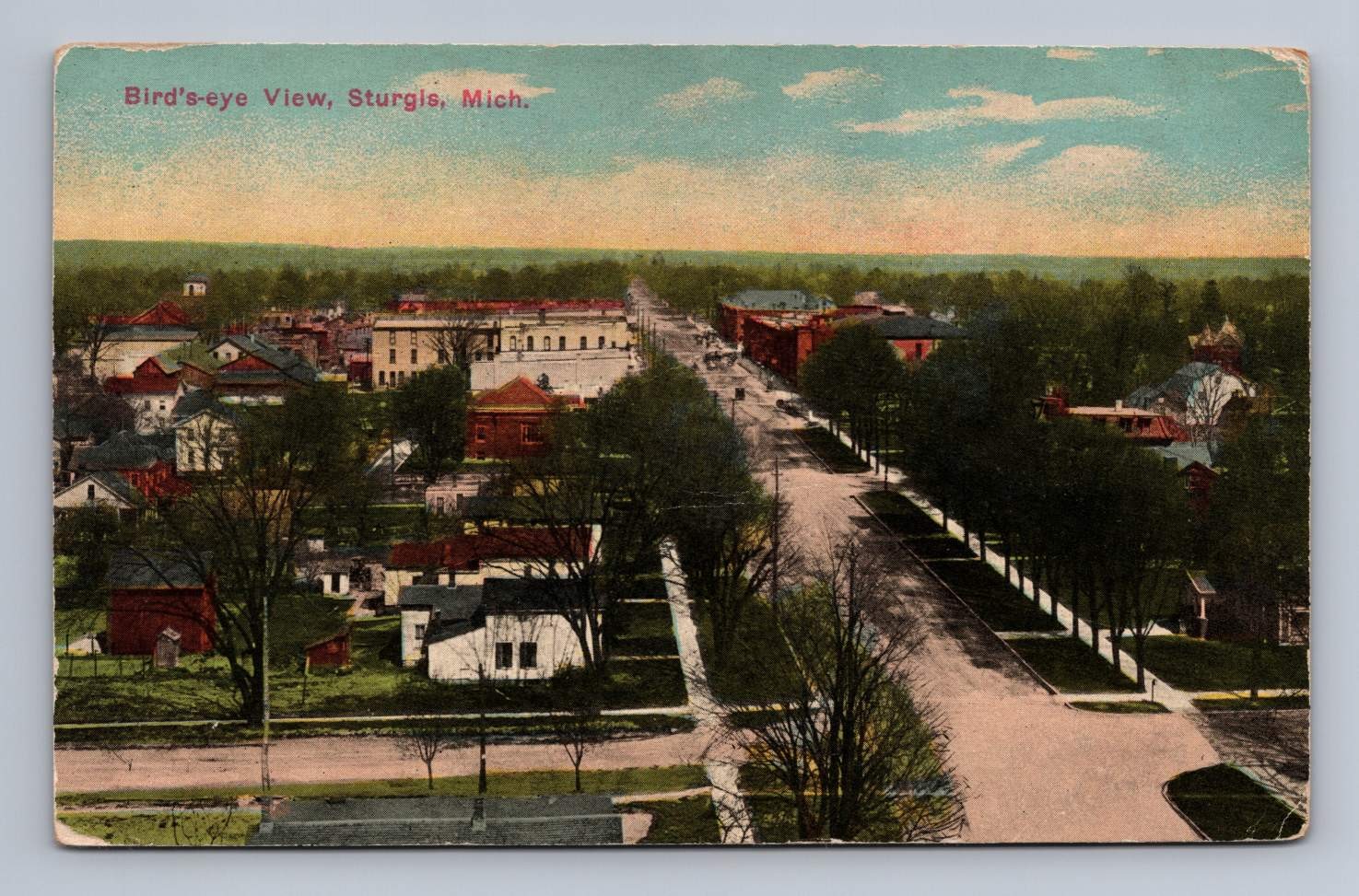 Antique Michigan Postcard STURGIS Birdseye View Street Scene 1910