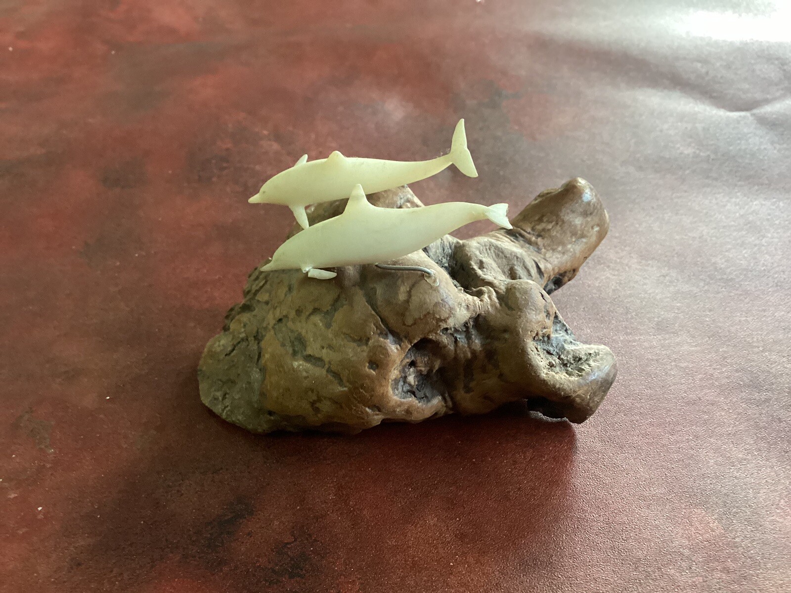 Vintage John Perry 2 White Dolphins Porpoises Sculpture On Burl Wood