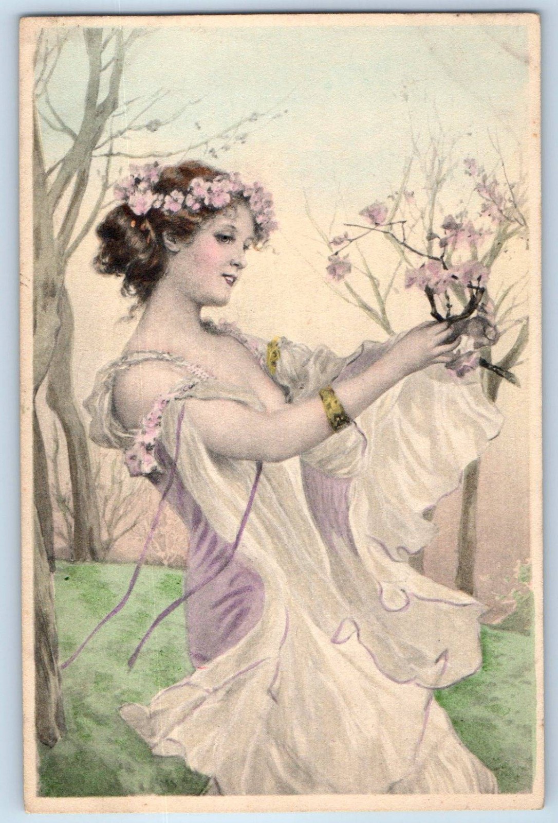 c1910's Pretty Woman With Pink Flowers Treen Scene Munk Antique Postcard