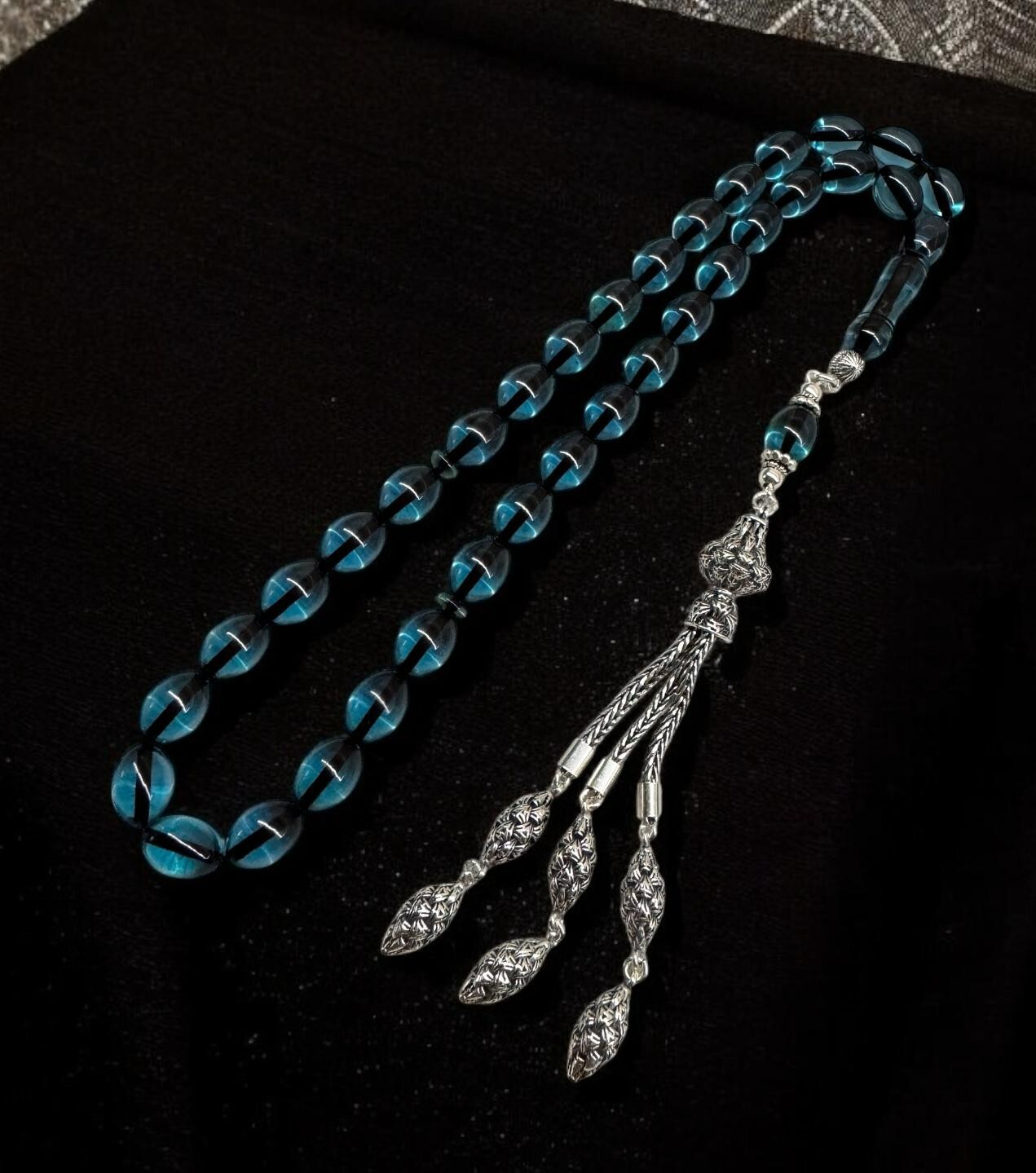 Blue fire amber tasbeeh 925 carat silver