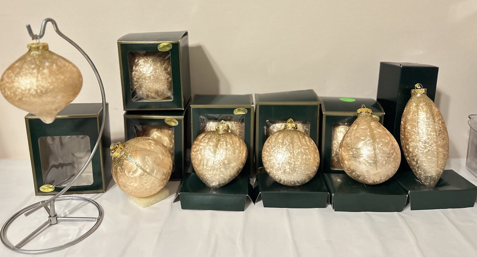 NOS Vtg Pinnacle Designs Glass Christmas Ornaments Multi Shape Gold Lot 12 NIB