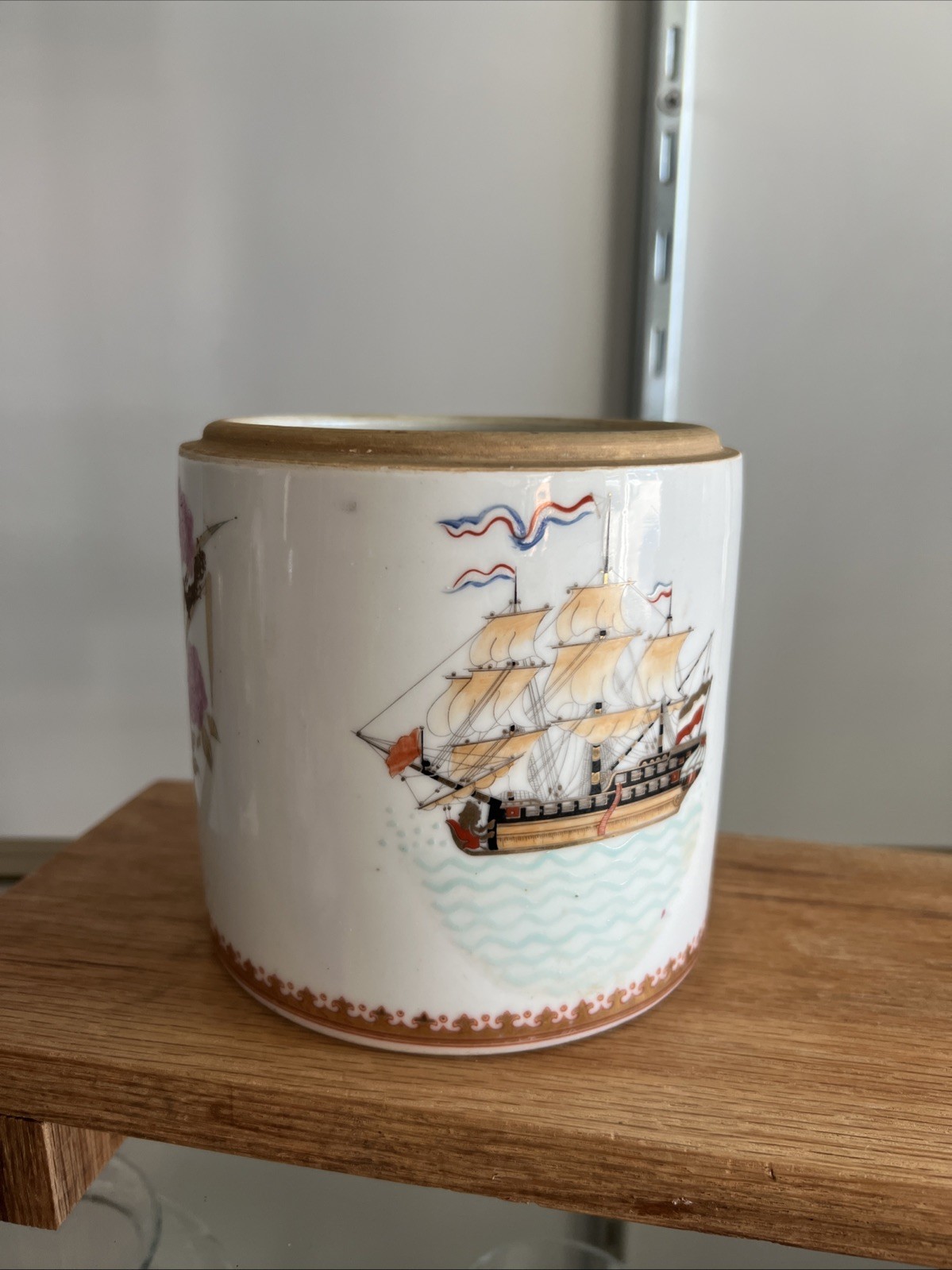 Vintage Chinese Porcelain Tobacco Humidor Jar Sailing Ship Floral 5” No Lid