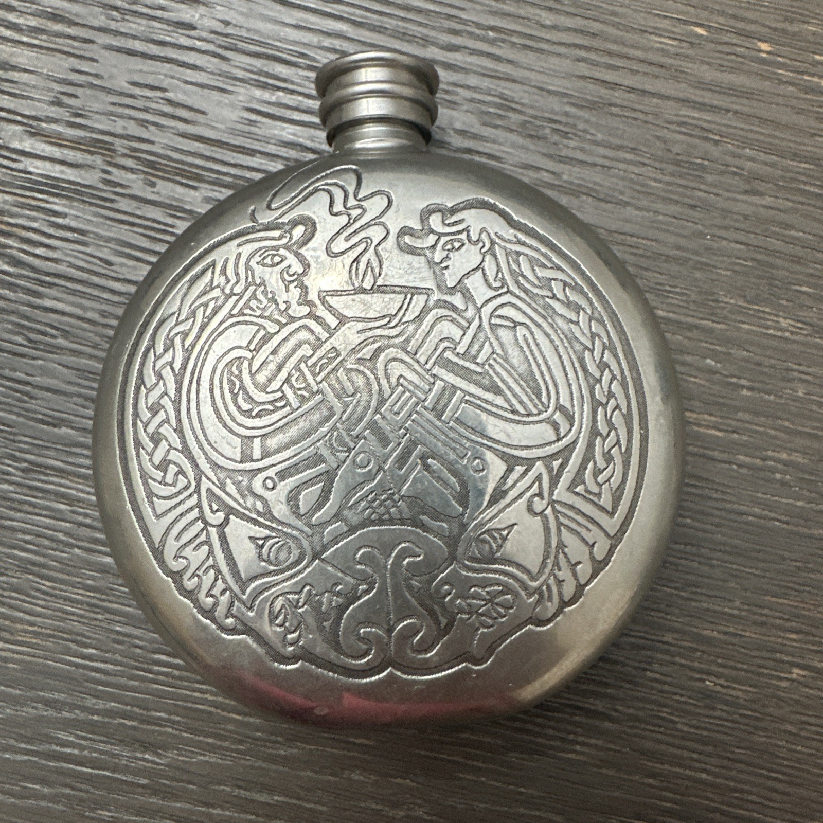 Vintage SCOTTISH PIPER Pewter Celtic Engraved Hip Flask w/ screw top lid
