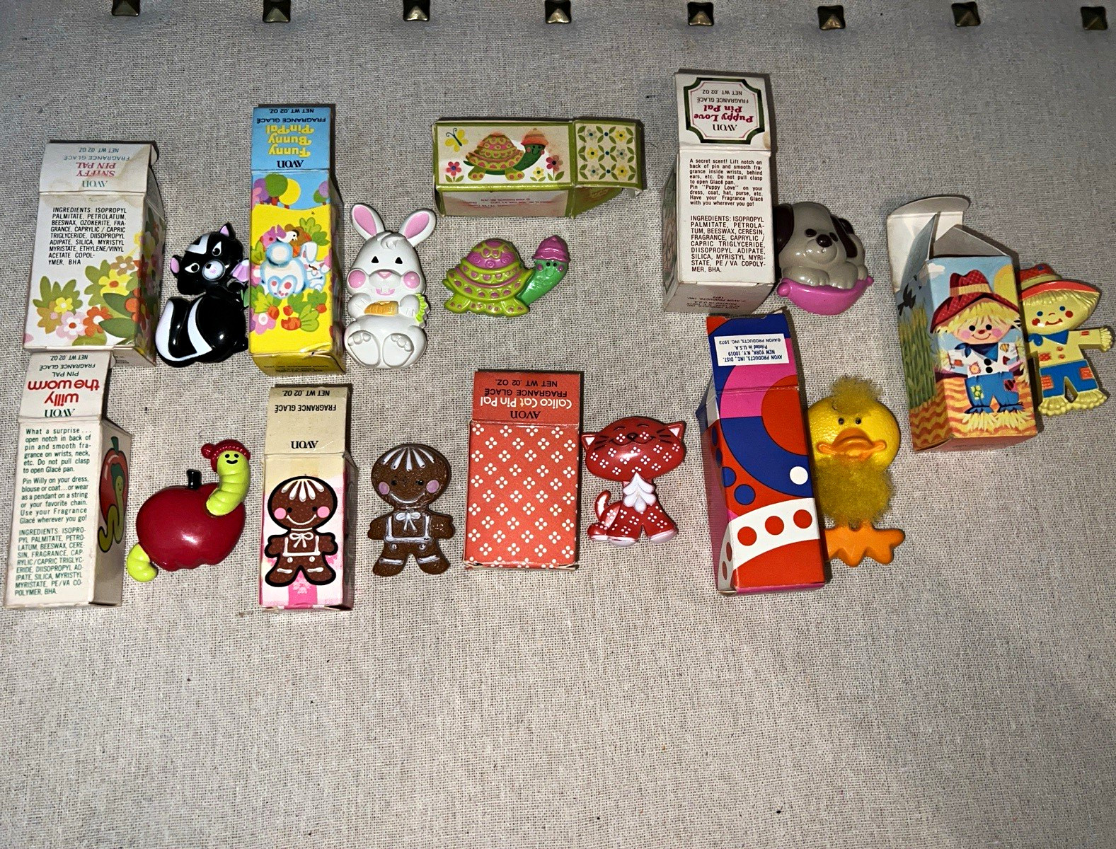 Vintage 70s Avon Pin Pals Lot of 9 Complete w/ Boxes Unused Perfume Glace