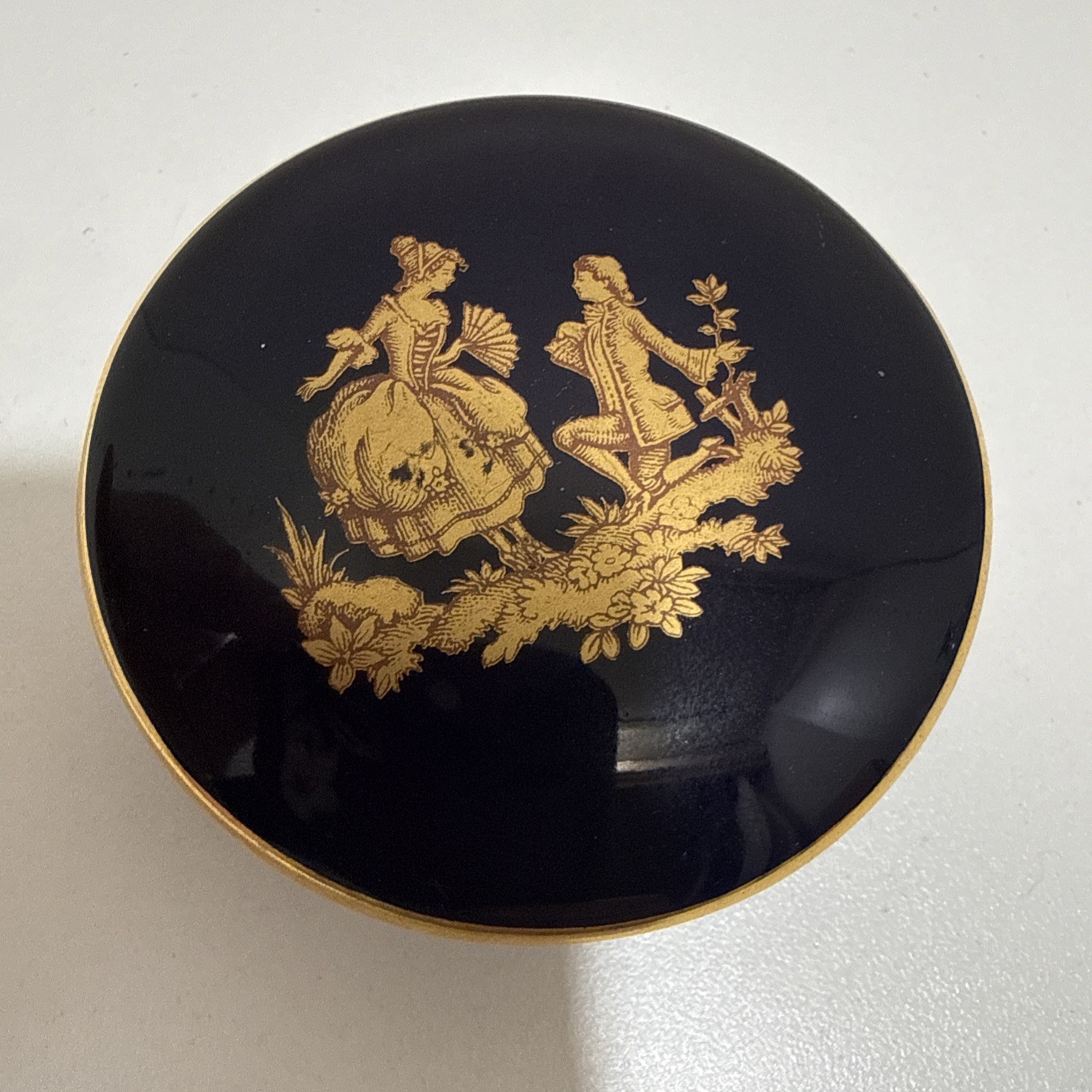 Vintage Limoges France Cobalt Blue Porcelain Trinket Box Gold Scene 2.5” 24k
