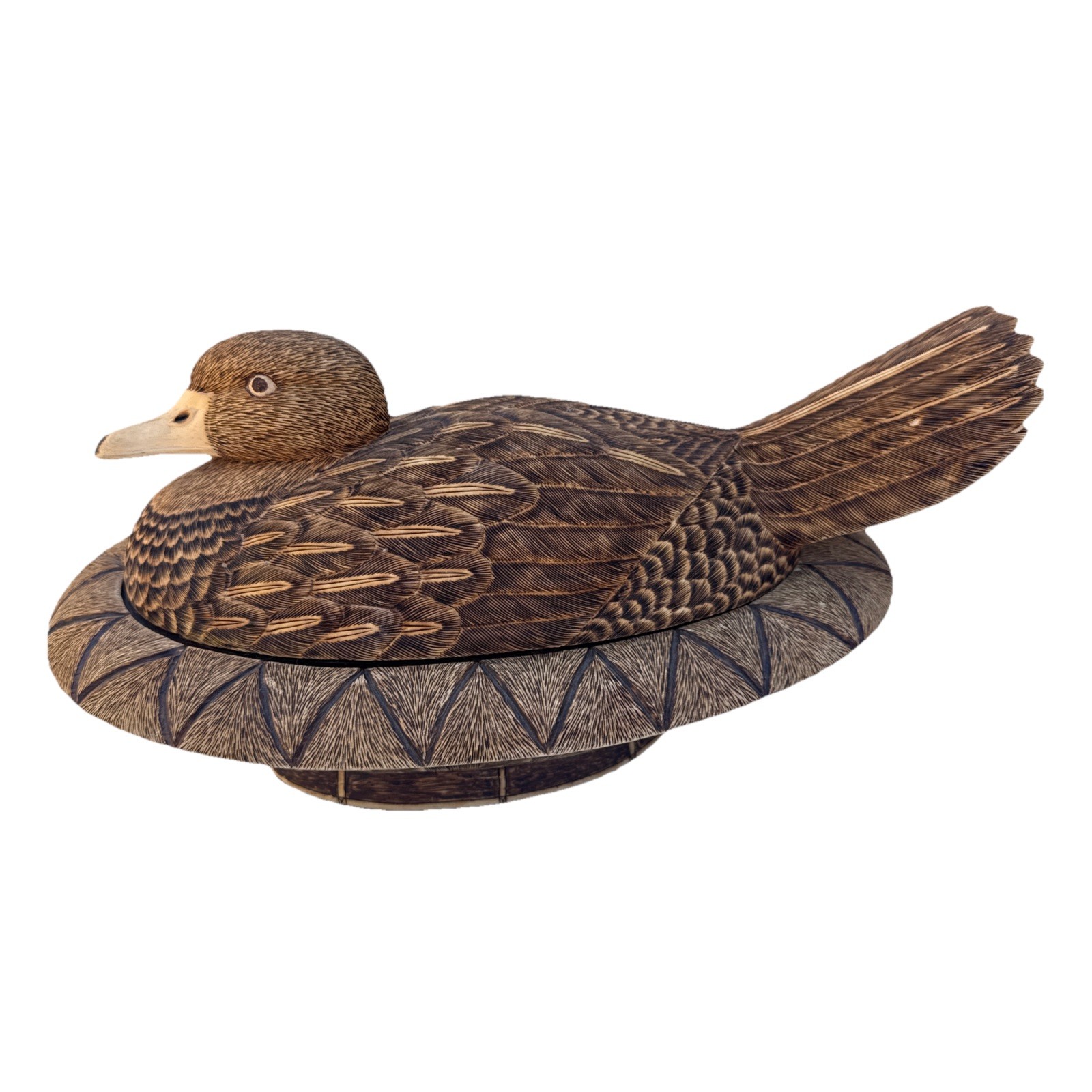 Vintage Hand Carved Wood Duck Trinket Box Folk Art Keepsake Detailed Feather