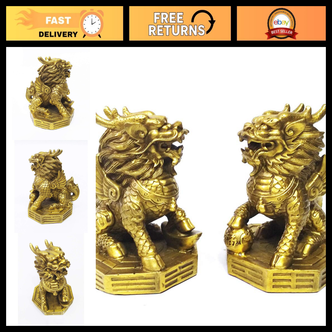 Pair of Kylin Brass Statues - Feng Shui Qilin Sculptures for Home & Office Decor