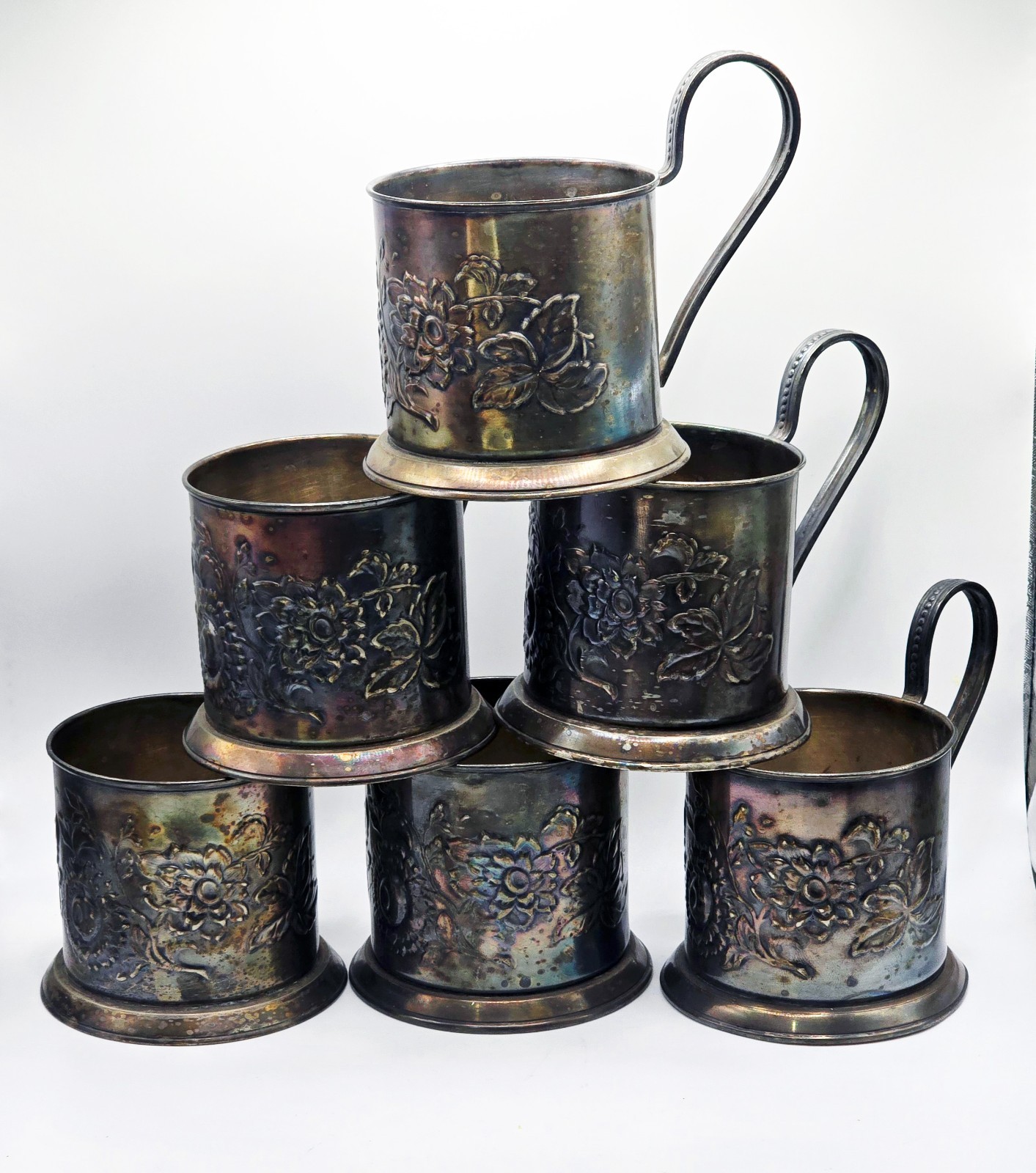 RARE PODSTAKANNIK SOVIET USSR SET OF 6 GLASS HOLDERS MELCHIOR MSTERA ASTRA 1957