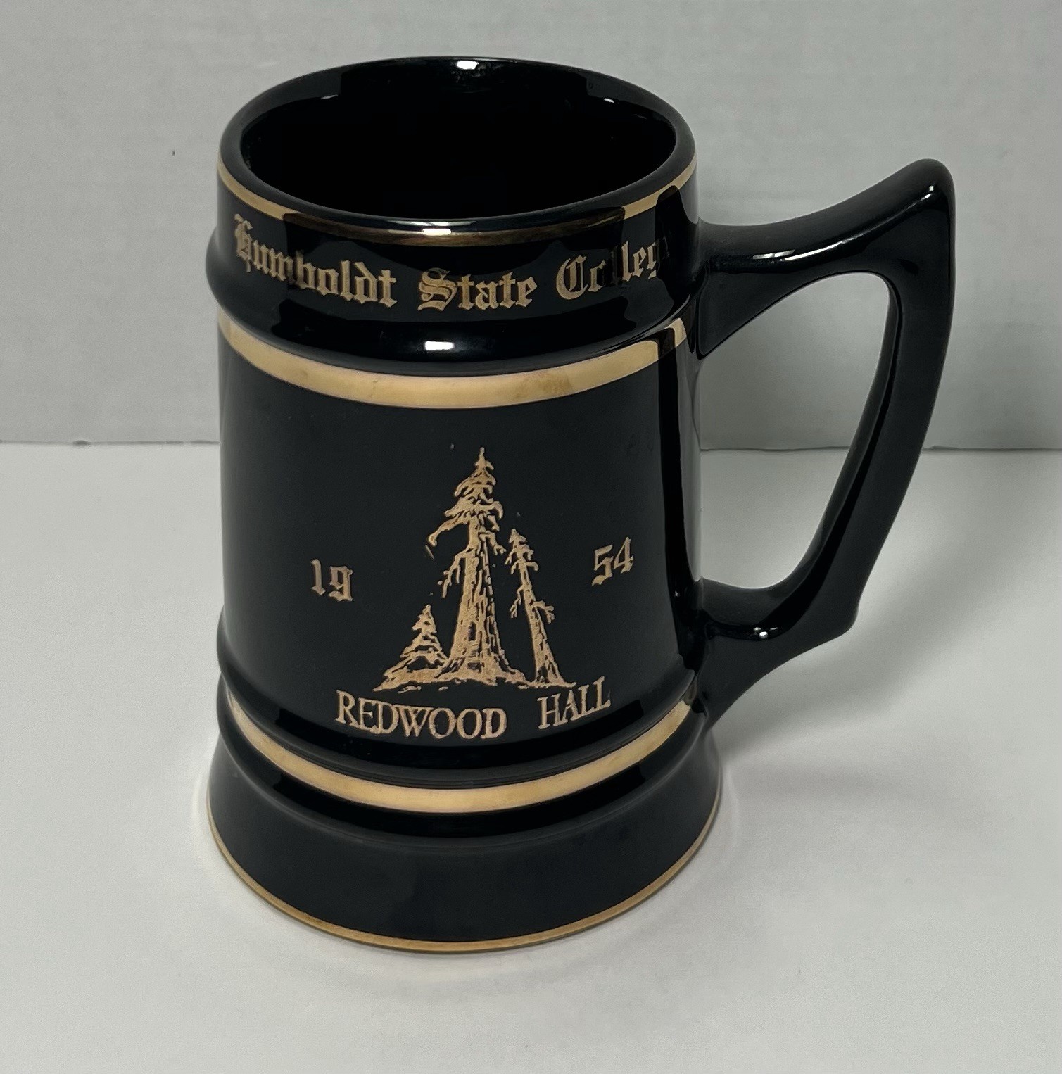Vintage Humboldt State College Redwood Hall 1954 Black Gold Ceramic Stein