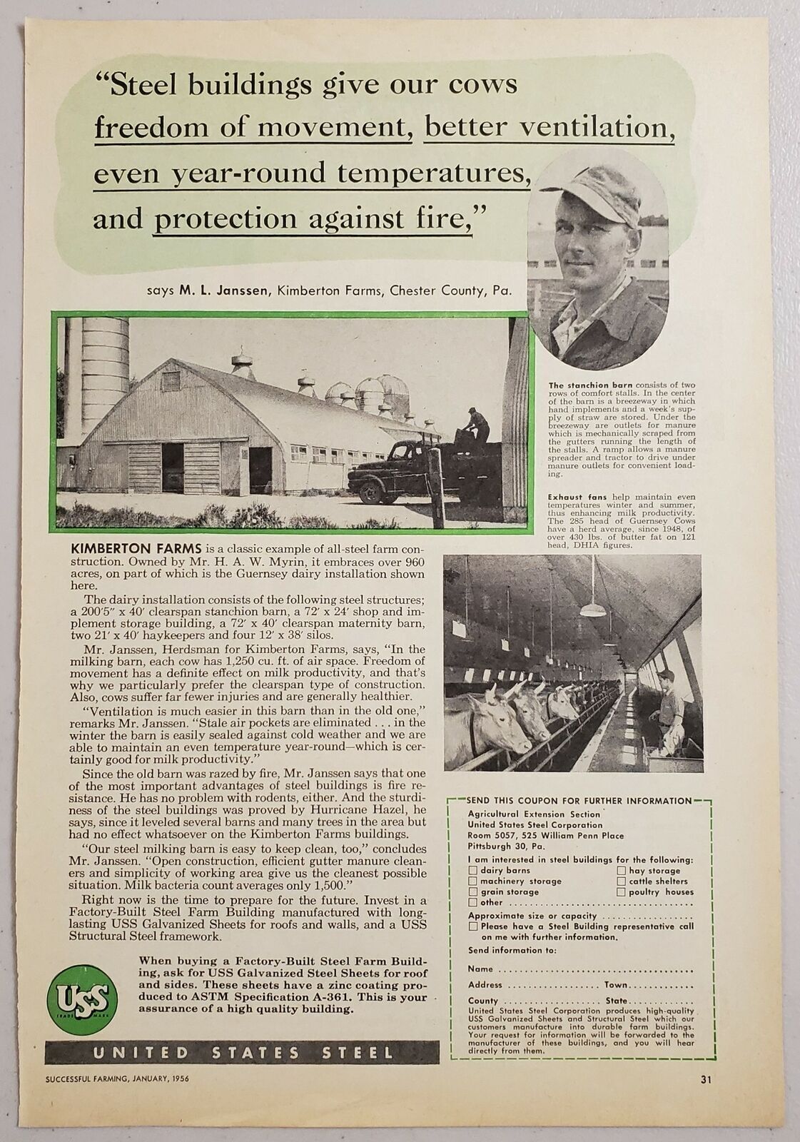 1956 Print Ad US Steel All Steel Farm Building Construction Pittsburgh,PA