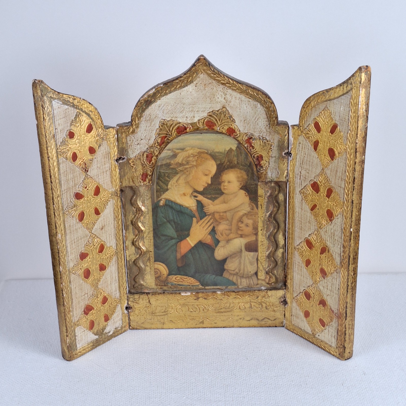Vtg Italian Florentine Gilt Wood Triptych Folding Icon Madonna G.B. Florence