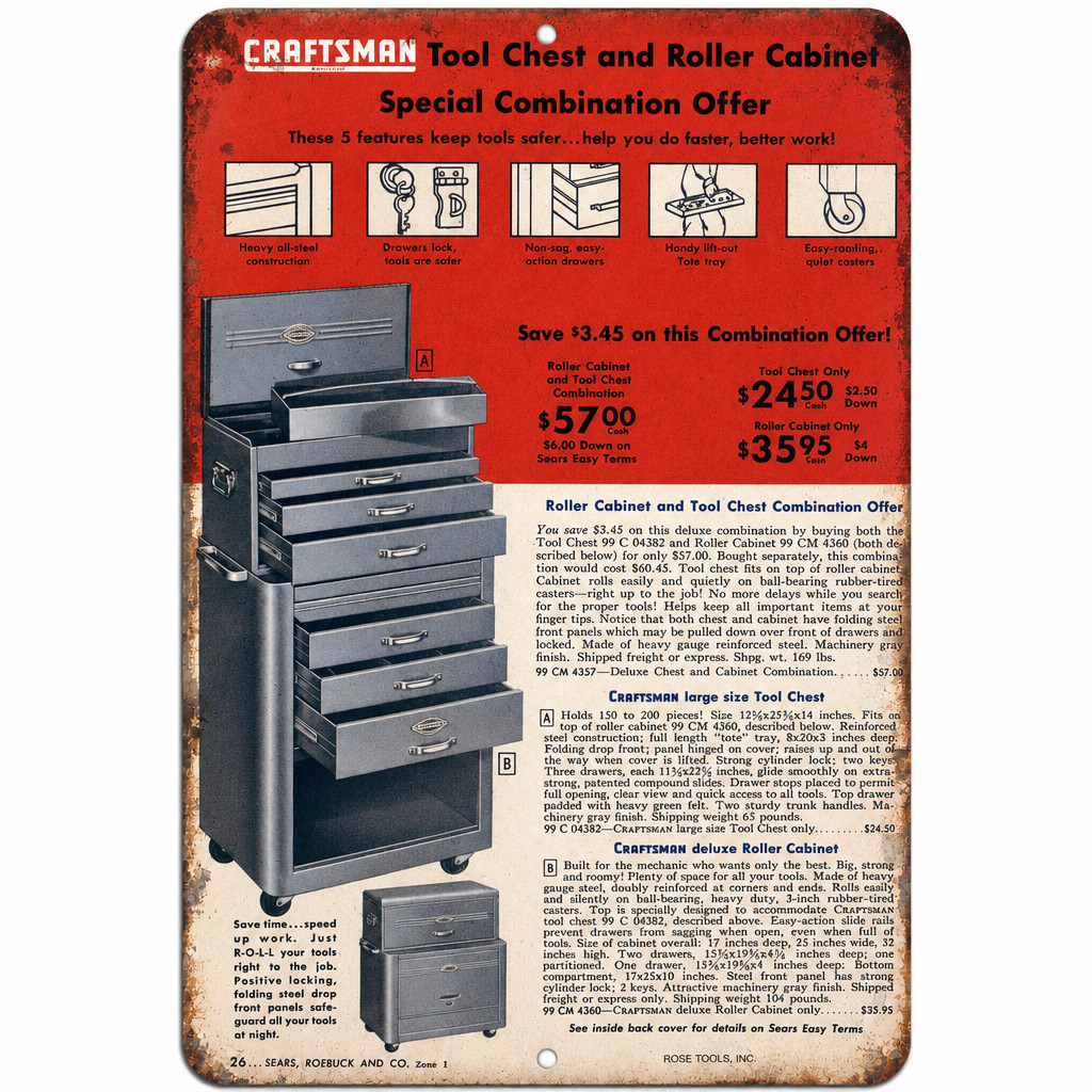 Craftsman Tool Chest Vintage Metal Sign Sears Ad Mechanics Garage 3 Sizes