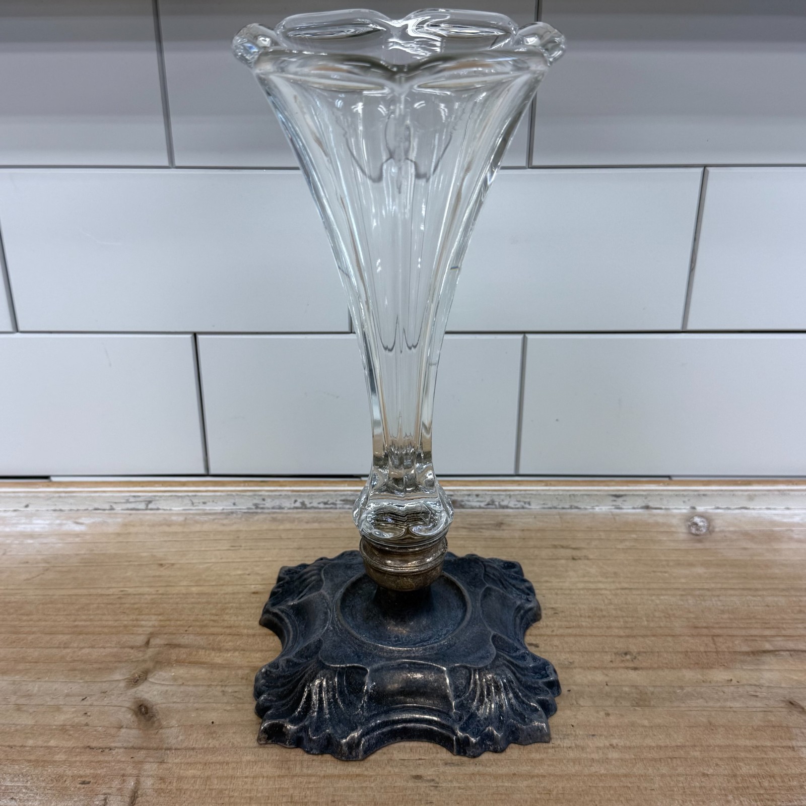 Heisey Trumpet Vase Cast Metal Base Antique c.1920s