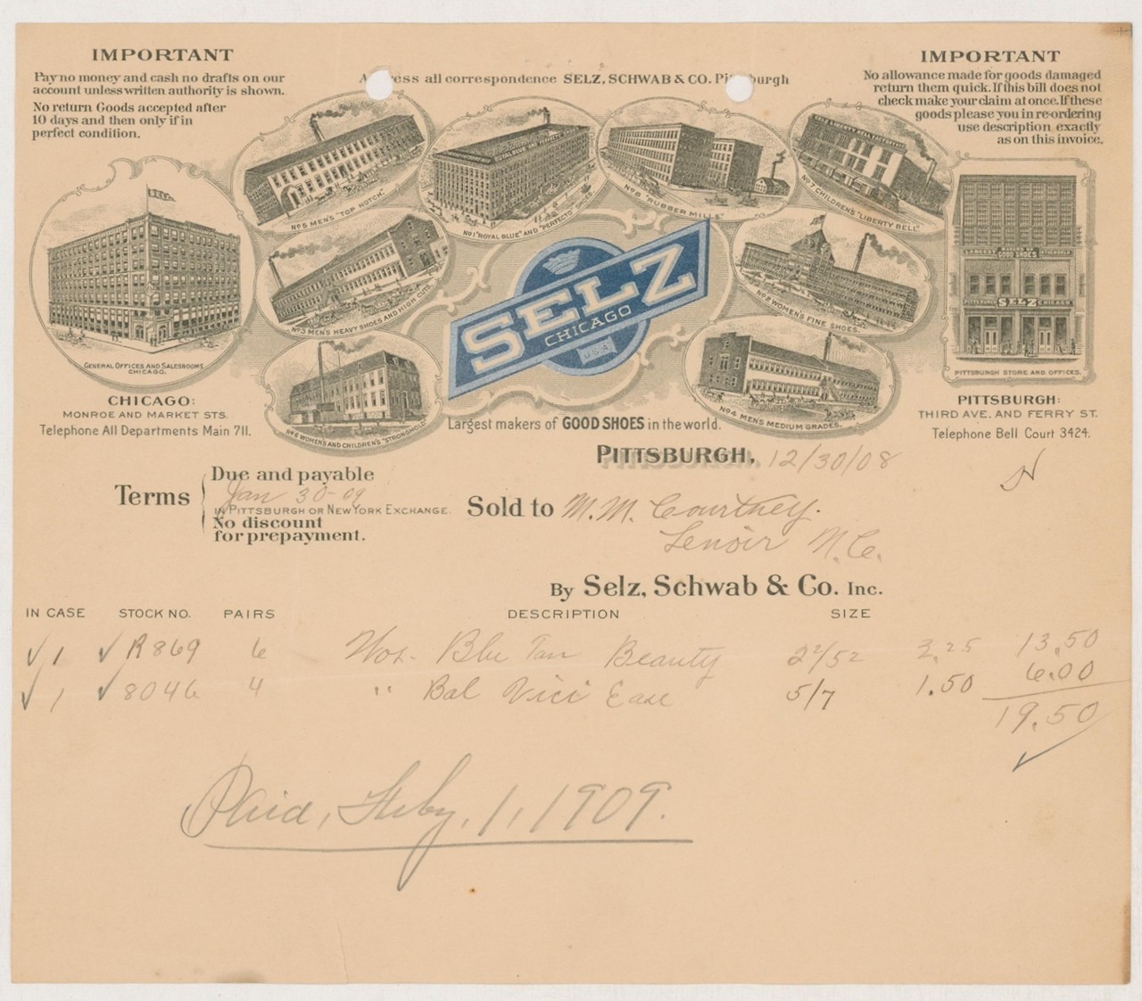 Vintage Antique Historical Document 1908 Selz Schwab & Co., Chicago Shoe Company