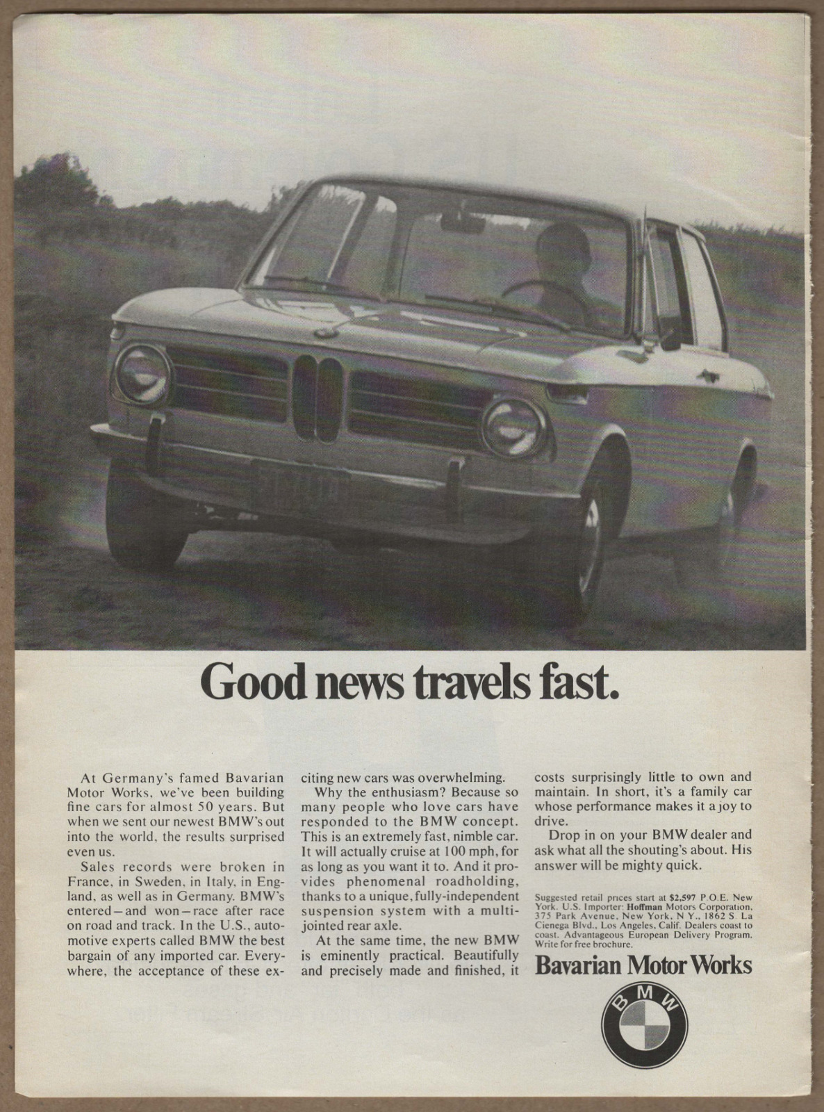 1969 BMW Sedan Car Vintage Print Ad Good News Travels Fast Bavarian Motor Works