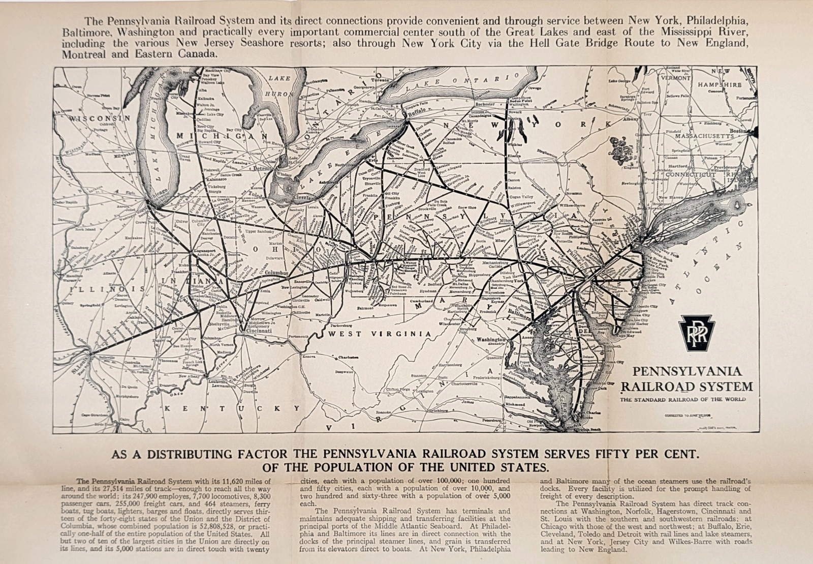 1925 PENNSYLVANIA RAILROAD SYSTEM Map ORIGINAL - Ohio - New Jersey - Maryland