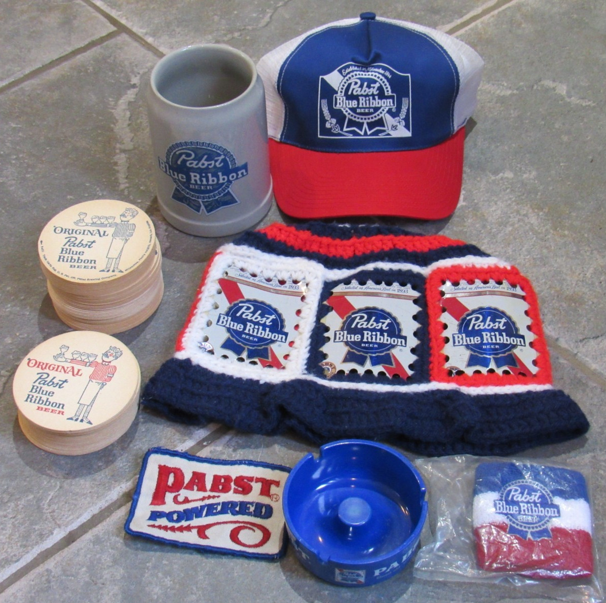 VTG Pabst Blue Ribbon Beer LOT Ashtray patch 70's Hat Mug 1960's Coasters HUGE