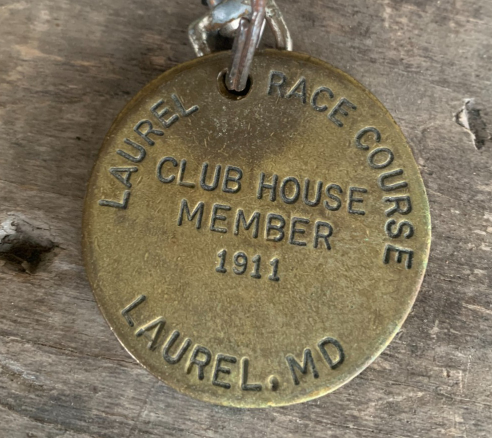 vintage brass token keychain 1911 Laurel Race Course Clubhouse Member 1 7/8 in