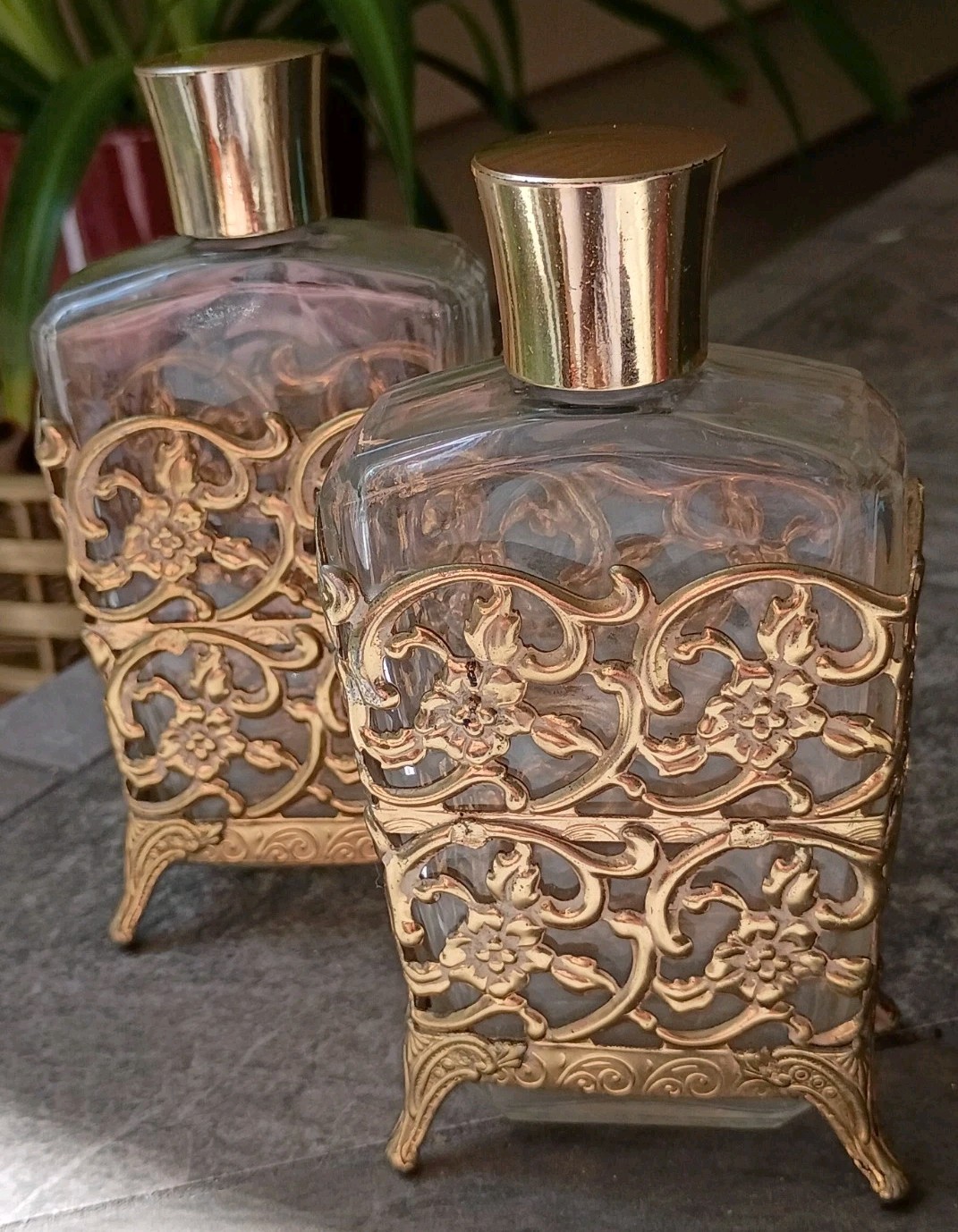Vintage Stylebuilt Perfume Bottles Pair Gold Filigree Ornate Footed Dressing Set