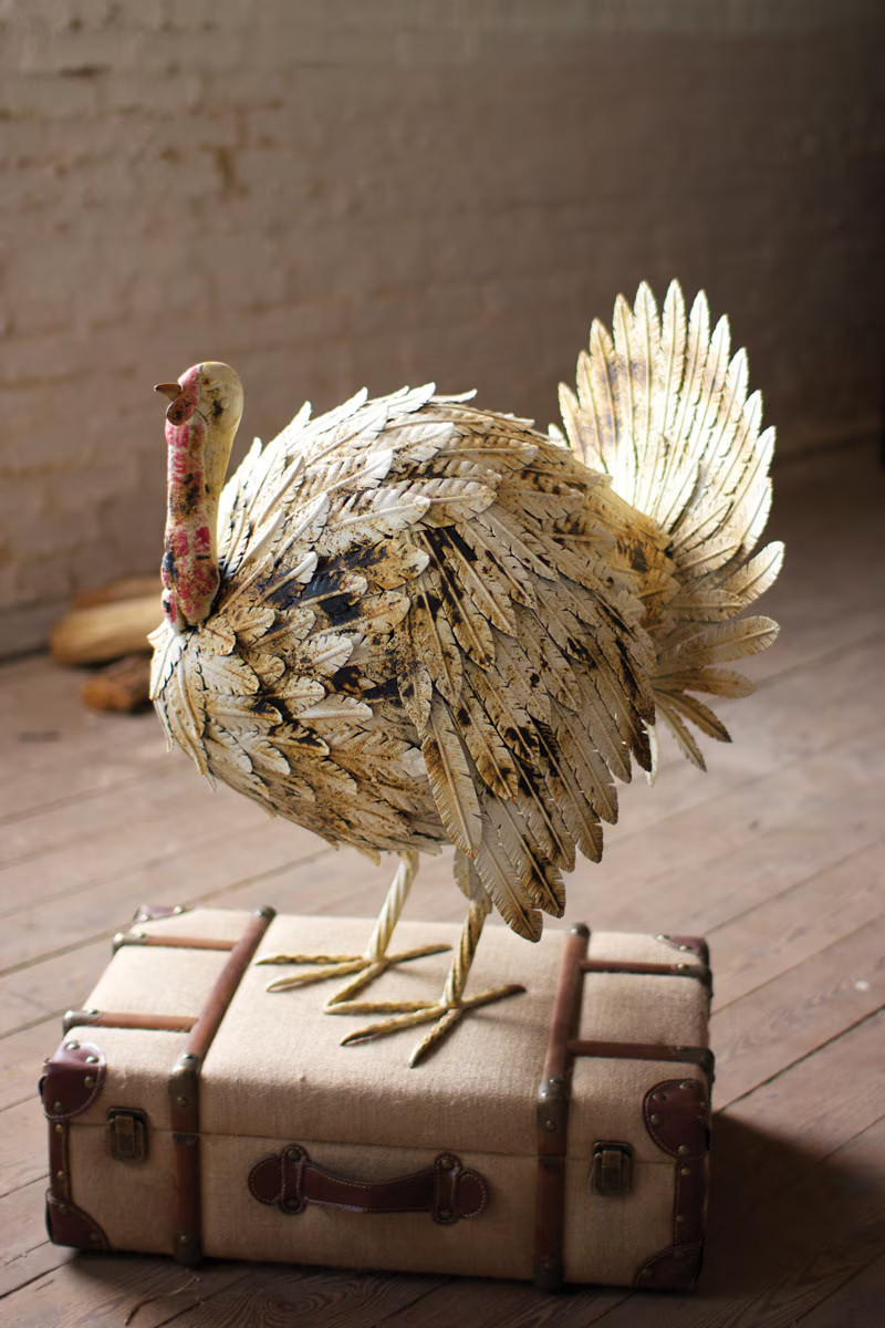 Antique White Painted Metal Turkey Sculpture Perfect For Thanksgiving Home Decor