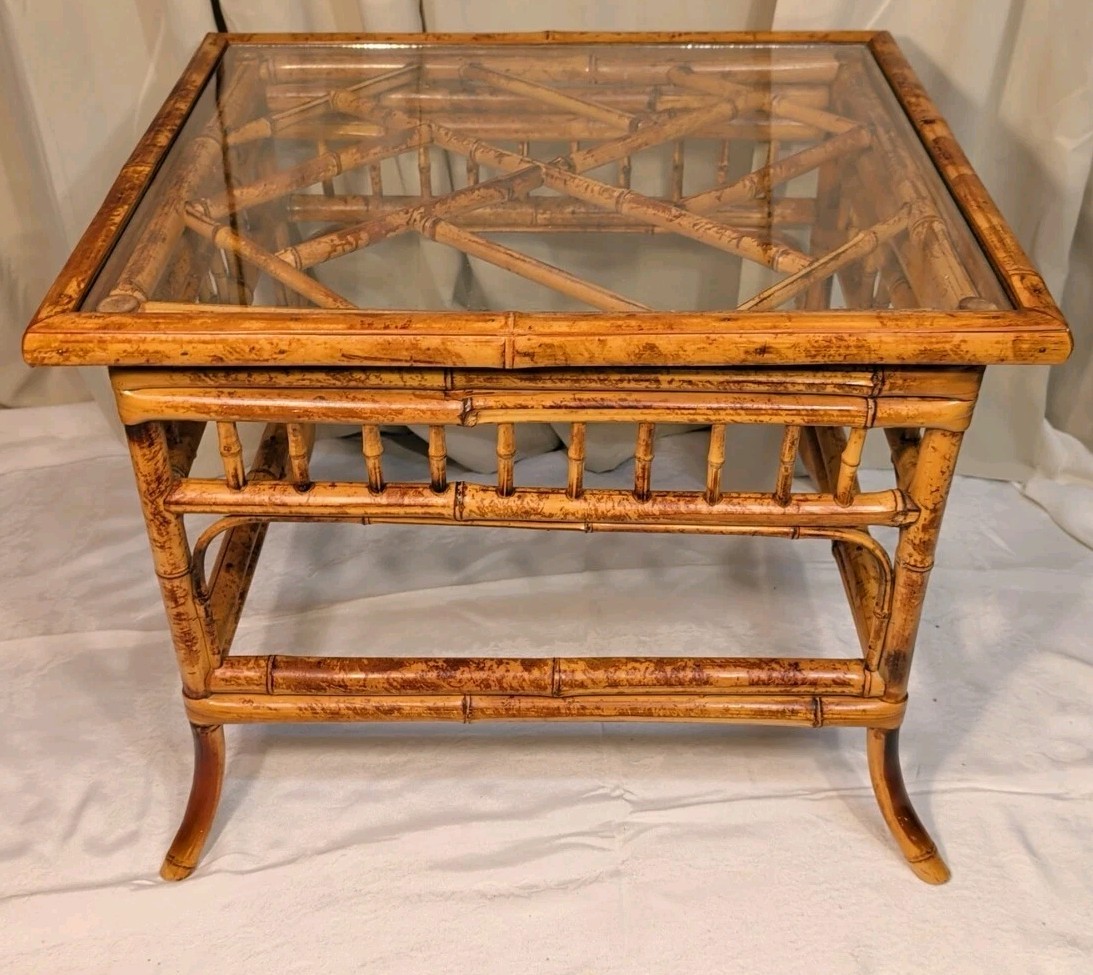 Vtg Mid Century Burnt Bamboo End Table Glass Top Mersman Tiki BOHO Palm Regency 