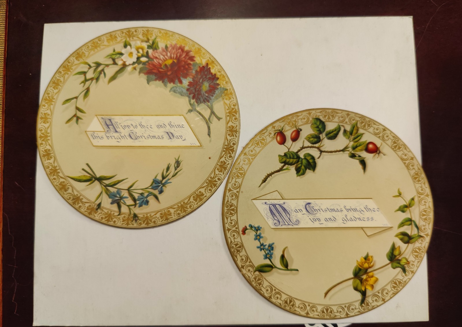 1880s Victorian Christmas Card Pair Round Floral Chromolithograph 5