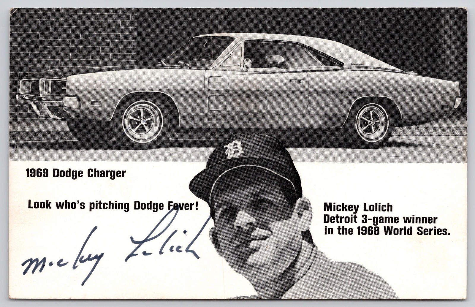 Detroit Michigan MI Dodge Charger Mickey Lolich Tigers Ad Postcard 1969