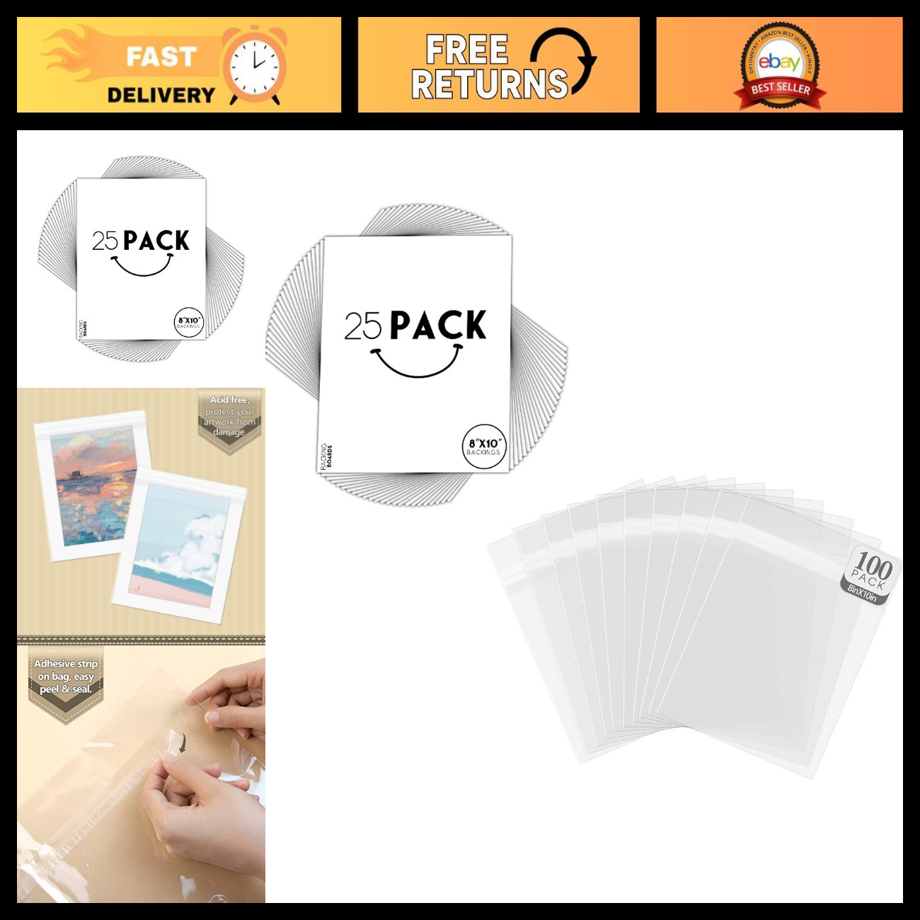 100 Pack Crystal Clear Photo Sleeves 8x10 with 25 Backing Boards - Storage Bags