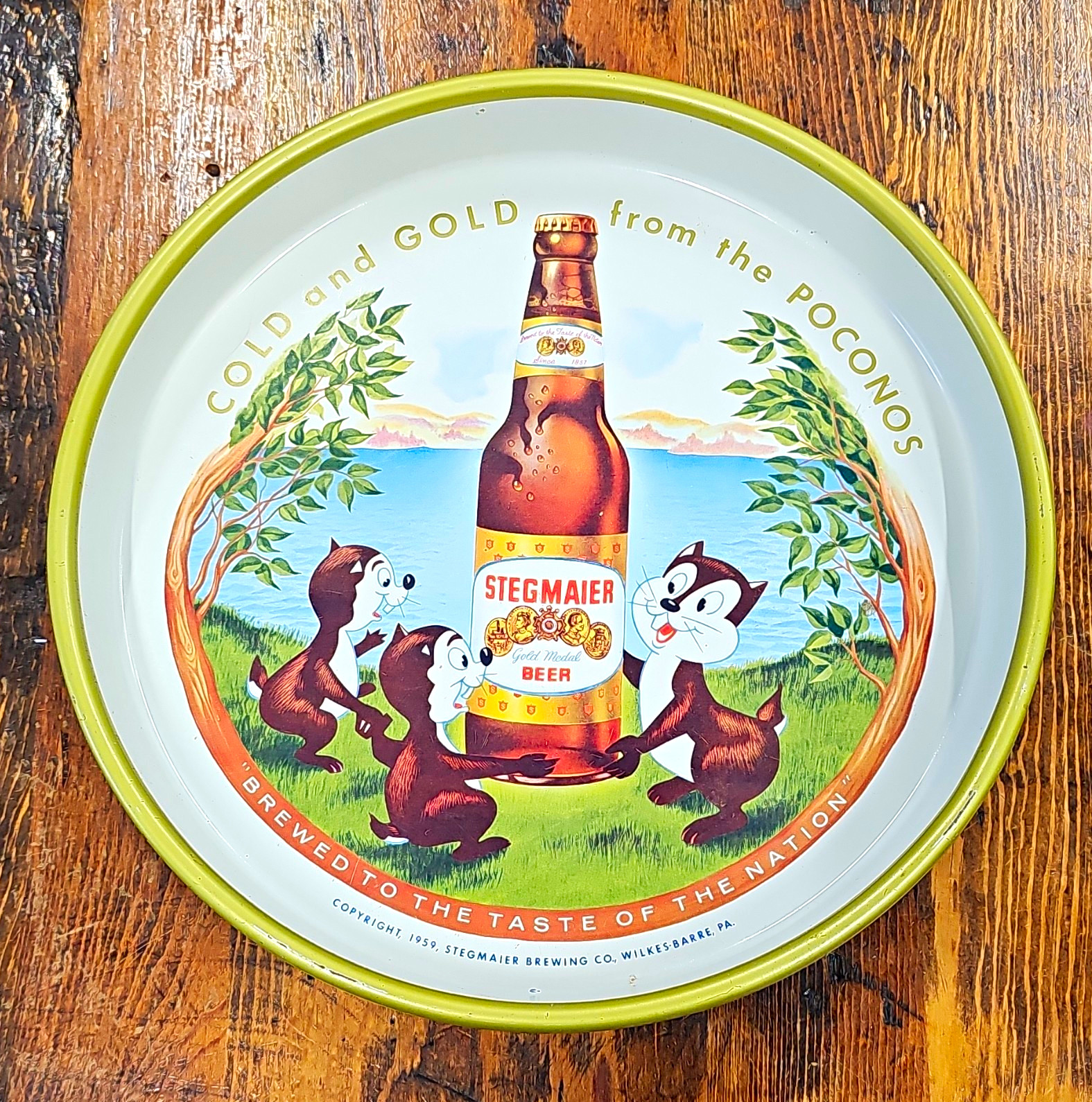 Vintage 1959 Stegmaier Beer Advertising Metal Tray Cold & Gold from the Poconos