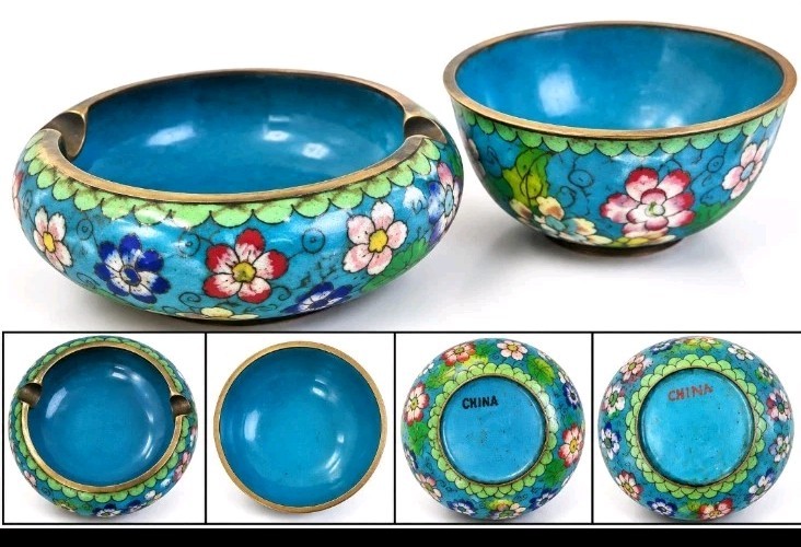 Vintage Chinese Cloisonné Enamel Brass Bowls/Dishes — Set of 2
