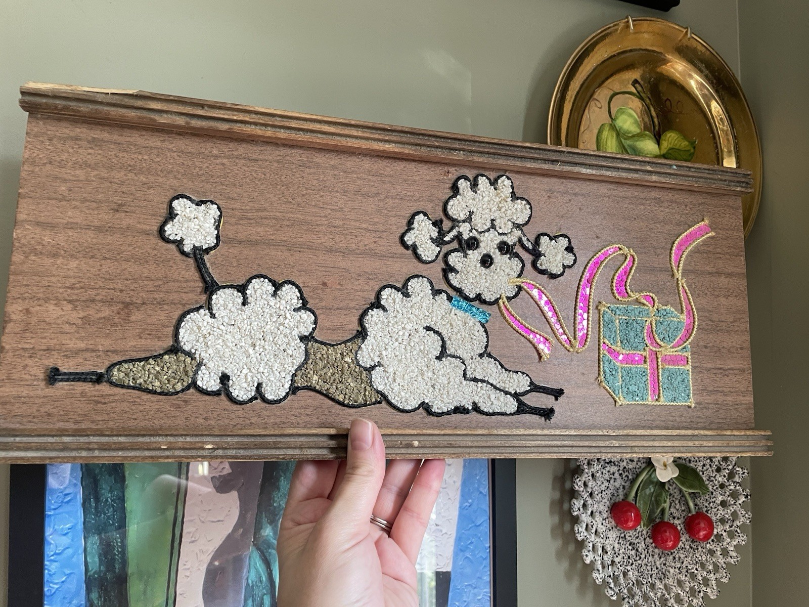 MCM Gravel Pebble Wall Art POODLE Dog Wood Decor Mid Century 1960s 17''x7.5''