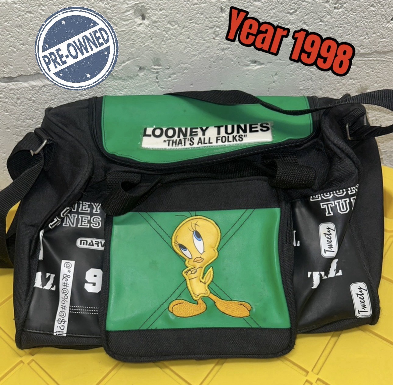 Vintage 1998 Looney Tunes Bag Tweety 90s Black Green Unique
