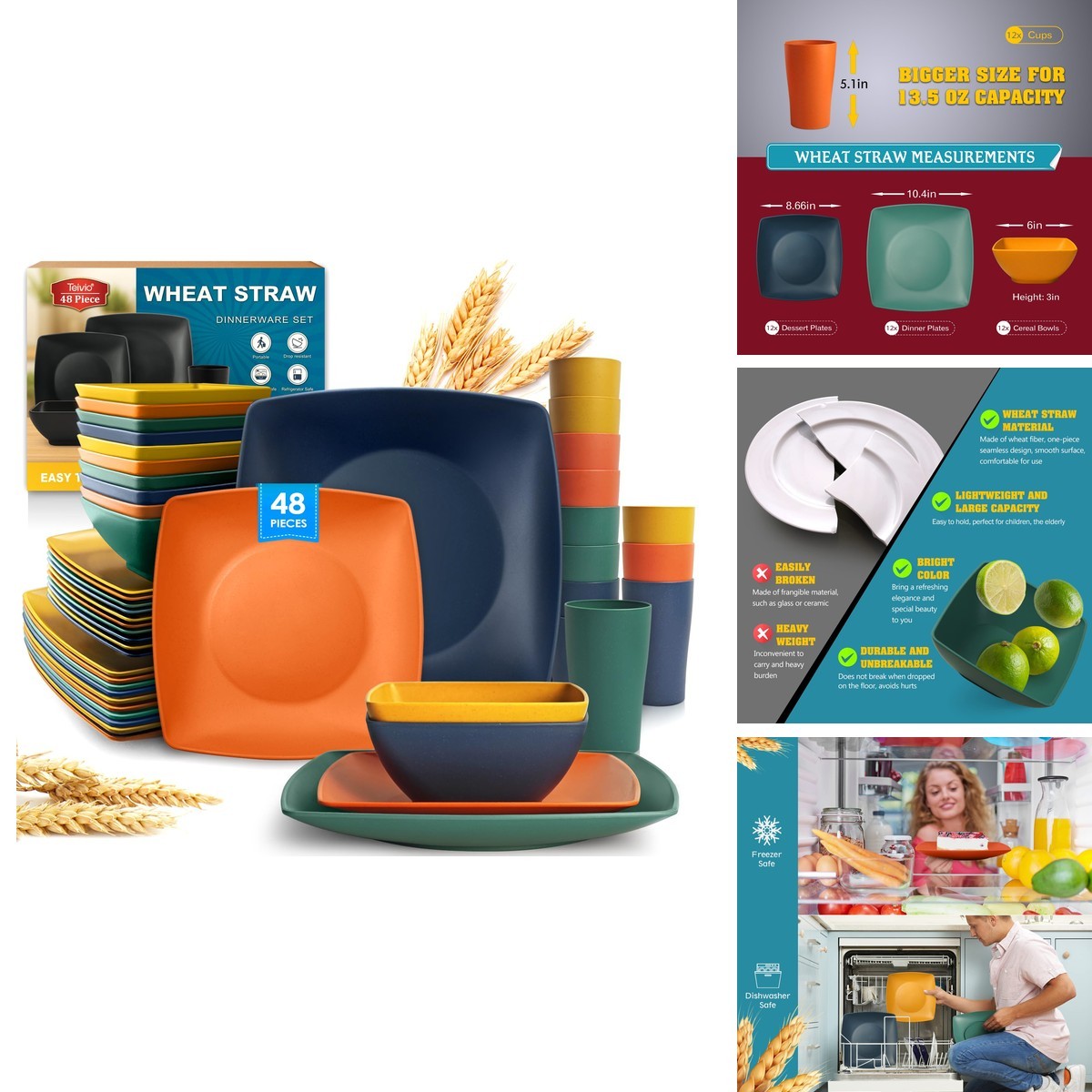 Teivio 48-Piece Wheat Straw Dinnerware Set for 12, Autumn Multicolor