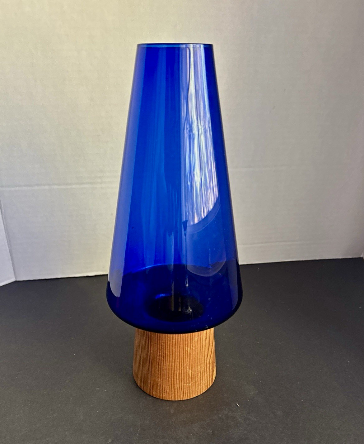 Vintage Danish Modern Cobalt Blue Glass Hurricane Candle Holder Wood Base Denmar