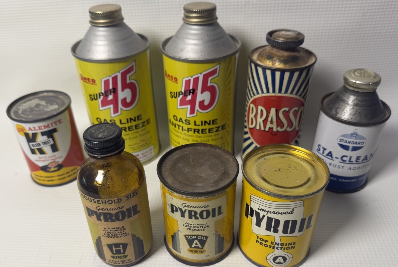 vintage gas and oil advertising tin cans. Pyroil, Standard, Alemite