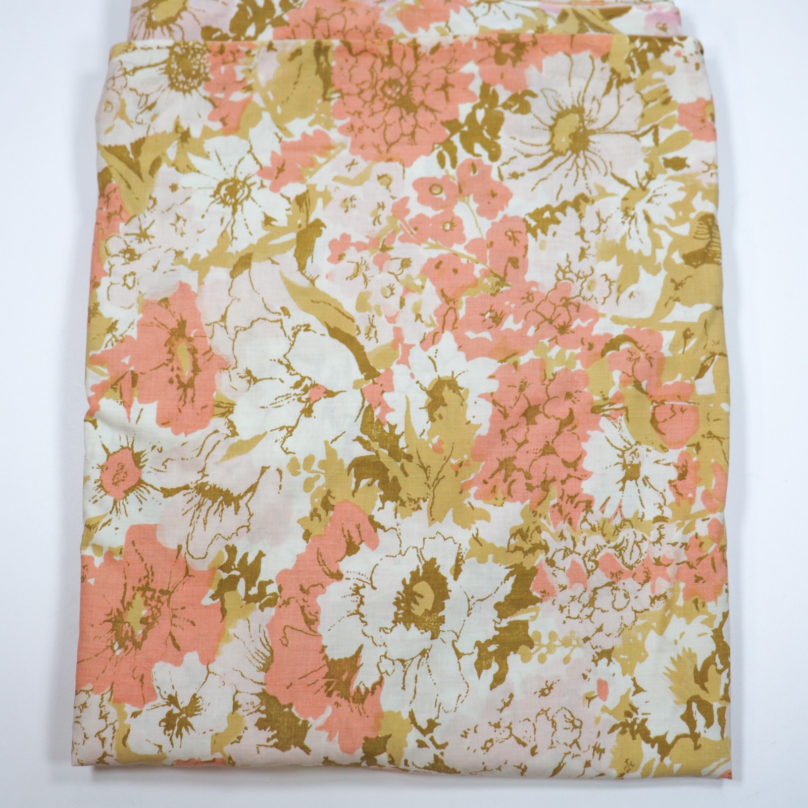 Vtg Full Flat Bed Sheet Peach Orange Brown Floral Flowers 1970s Fabric CUTTER
