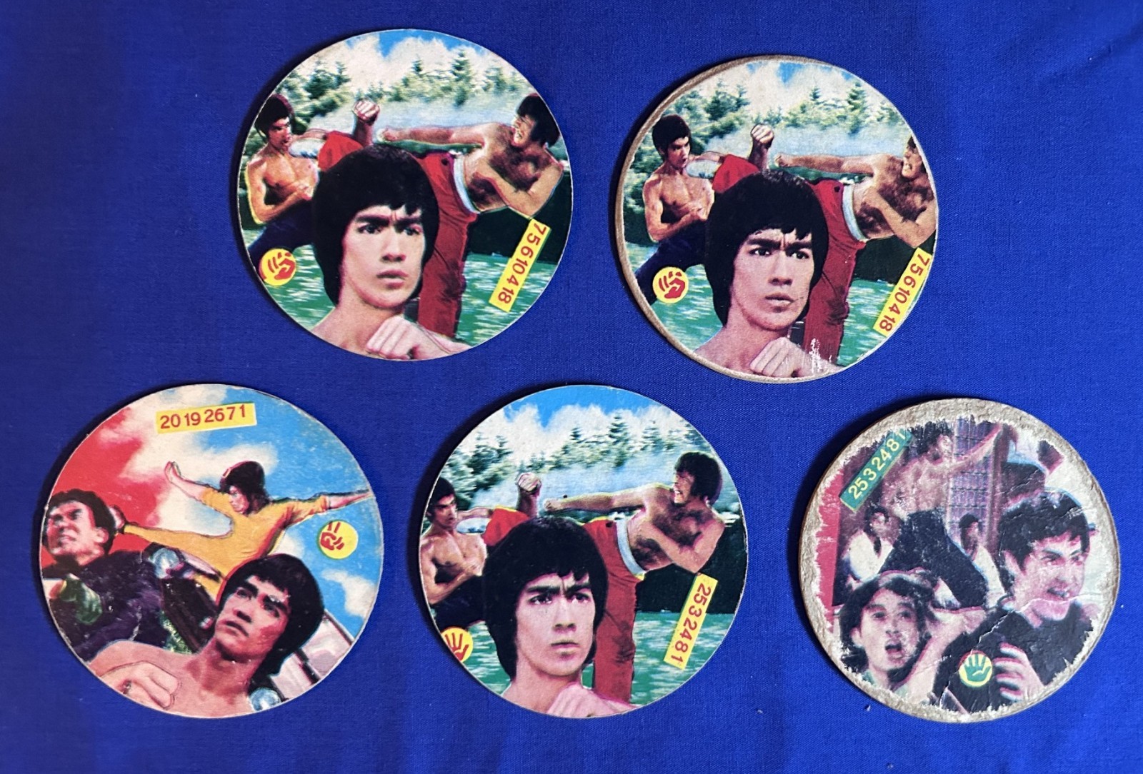 Lot of (5) 1970s Bruce Lee Round Menko Bruce Lee & Chuck Norris Japanesse Cards
