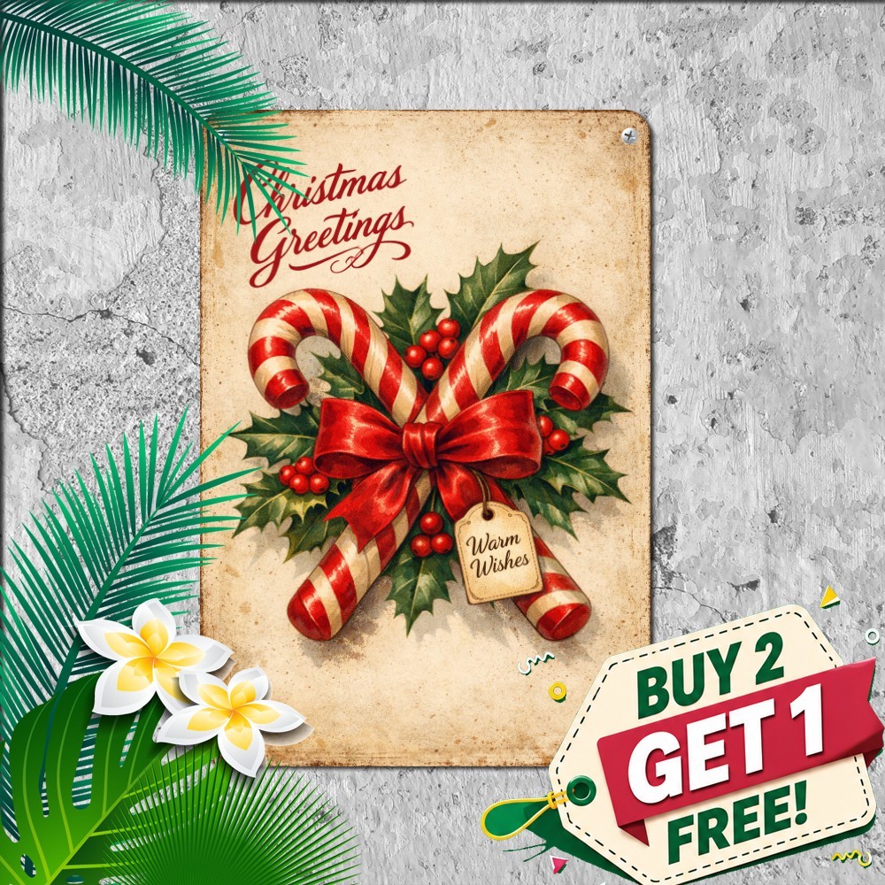Festive Holiday Candy Cane Seasonal Wreath Sign Rustic Metal Tin Wall Art