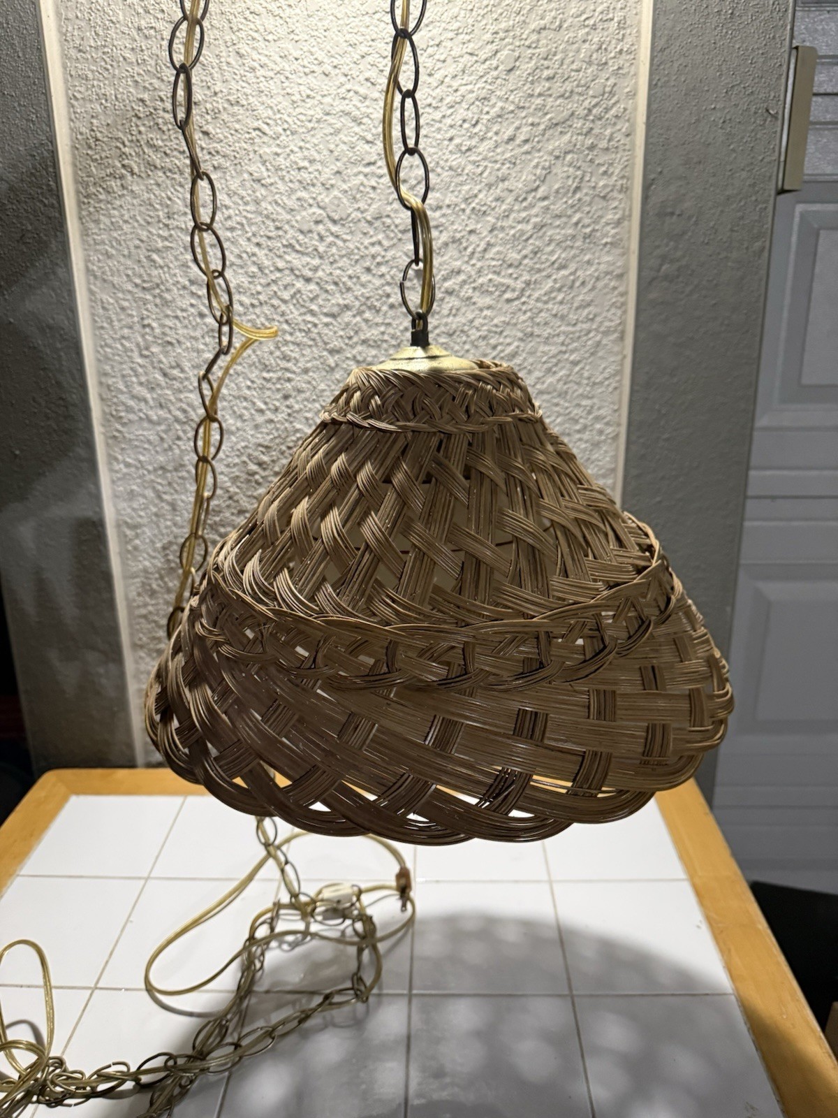 Vintage Wicker Rattan Hanging Swag Lamp Floral Milk Glass Globe Boho 70s
