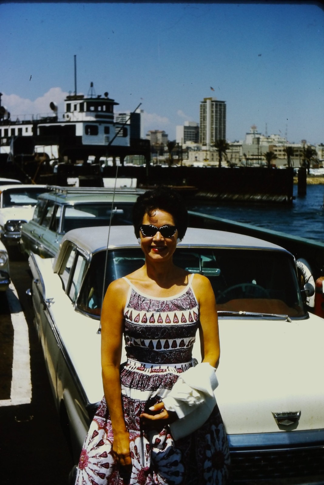 c1960's Kodachrome 35mm Slide, Woman Sunglasses White Car Waterfront City ferry