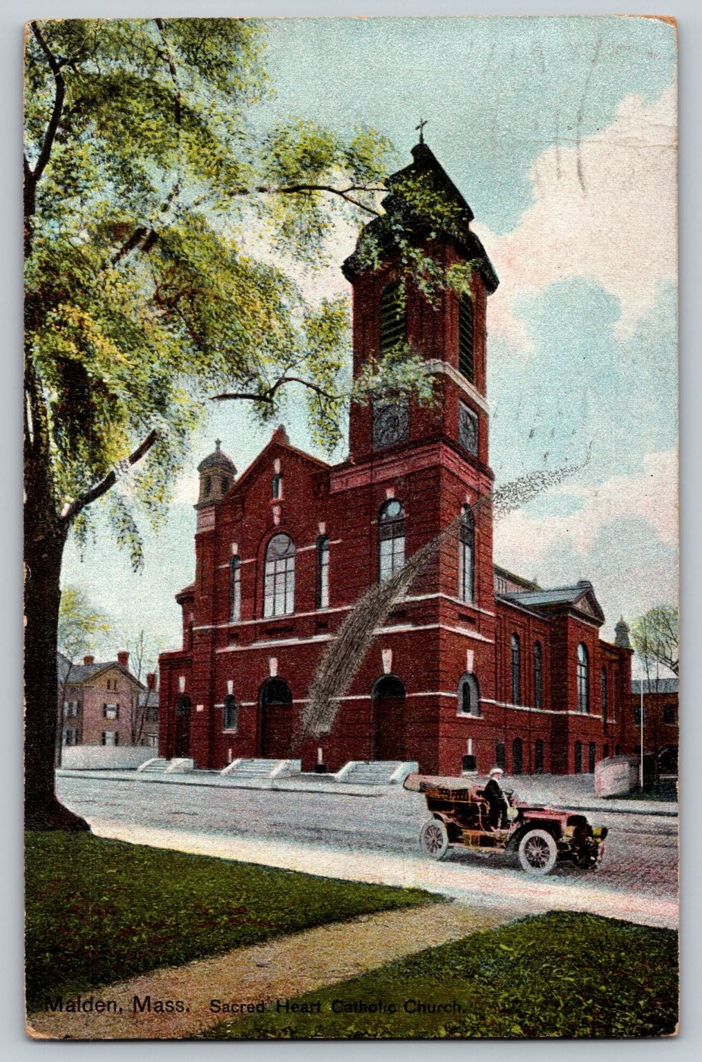 Vintage Malden MA Sacred Heart Catholic Church Postcard with Antique Car