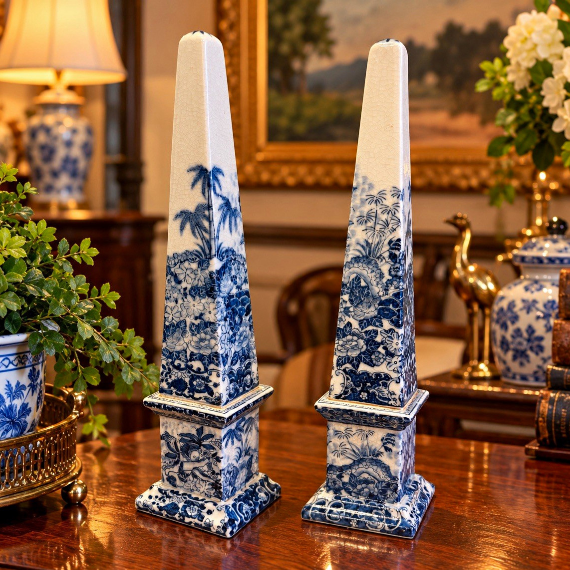 Amazing Pair of Vintage Chinese Blue & White Porcelain Chinoiserie Obelisks