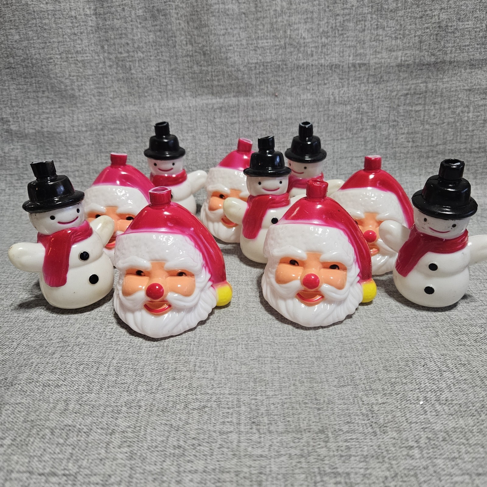 Mini Santa Head & Snowman Light Covers Blow Mold Plastic 10 ct Christmas Vtge