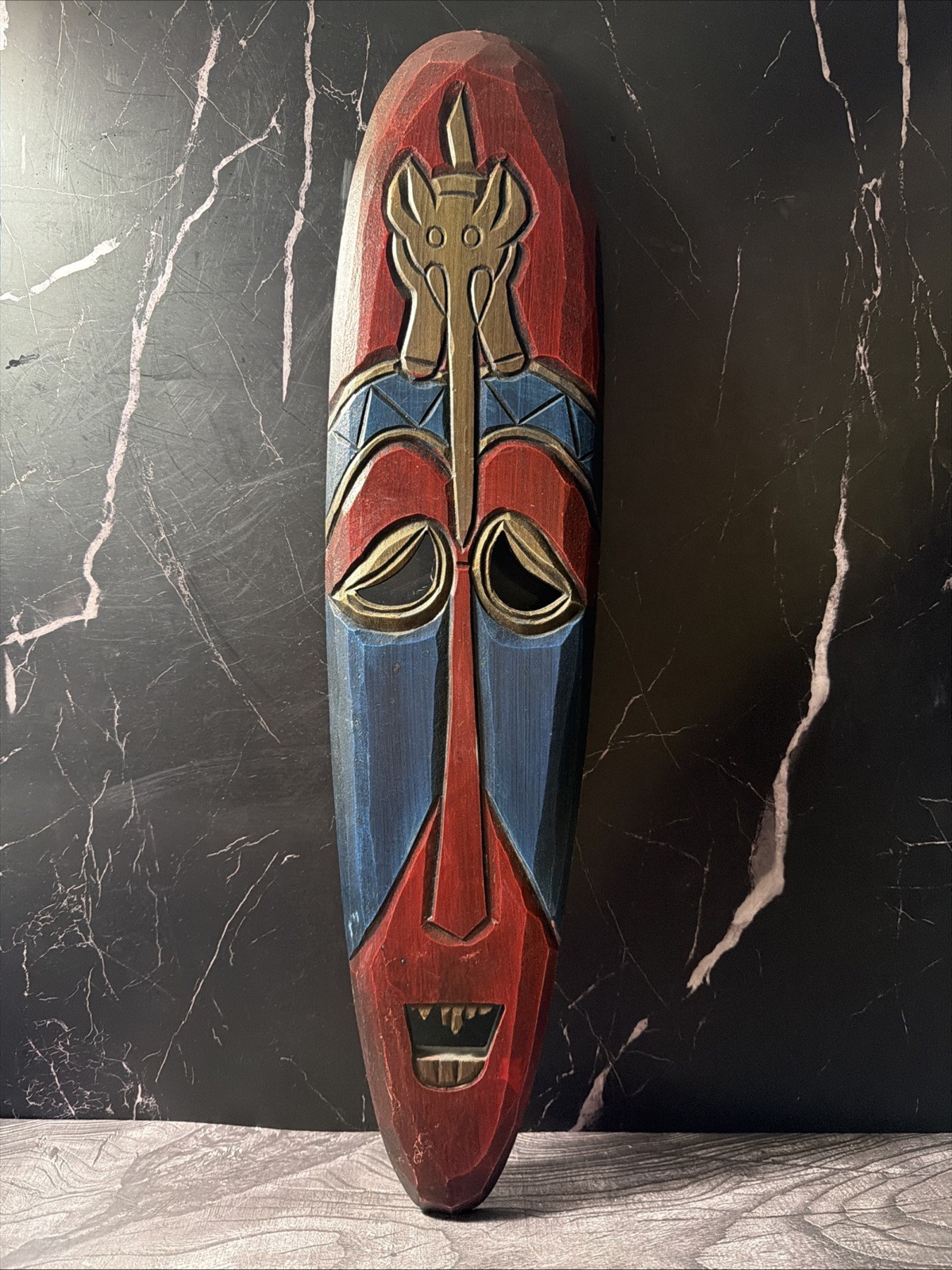 Authentic African Wood Mask Hand Carved Tribal Wall Plaque Giraffe Decor 23x5