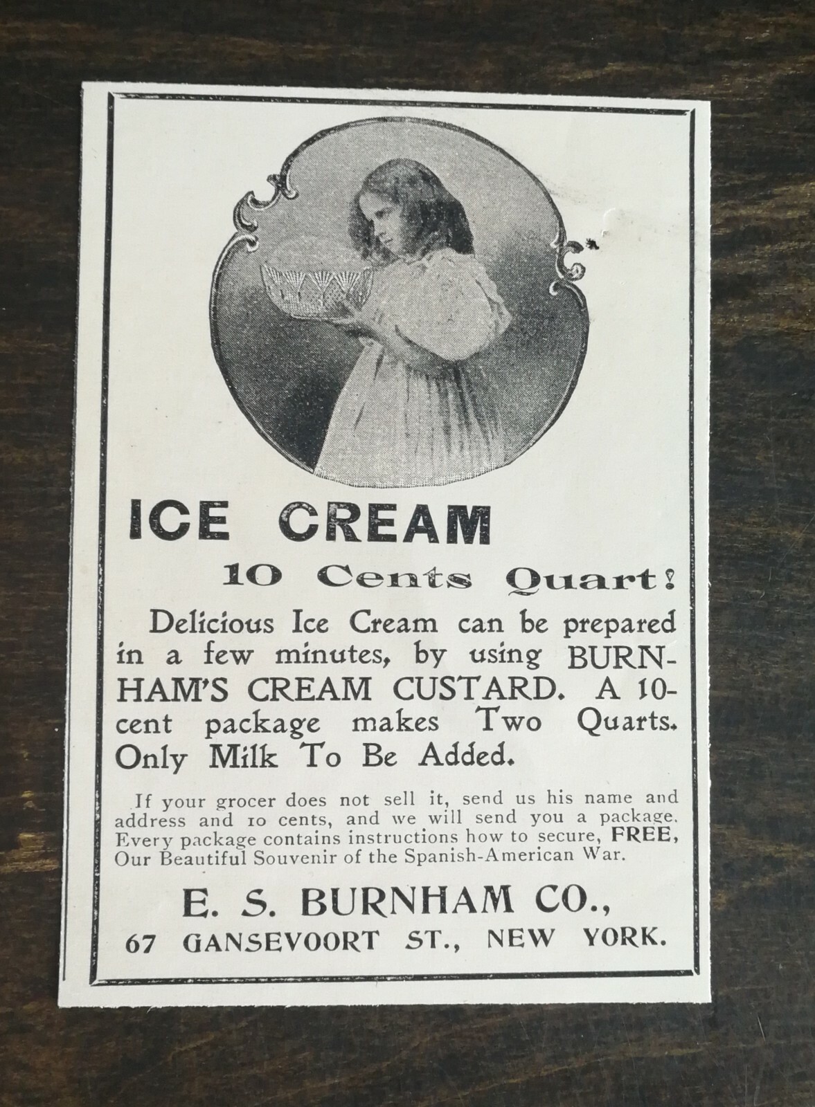 Vintage 1899 Burnham\'s Ice Cream Custard E.S. Burnham Company Original Ad 1021
