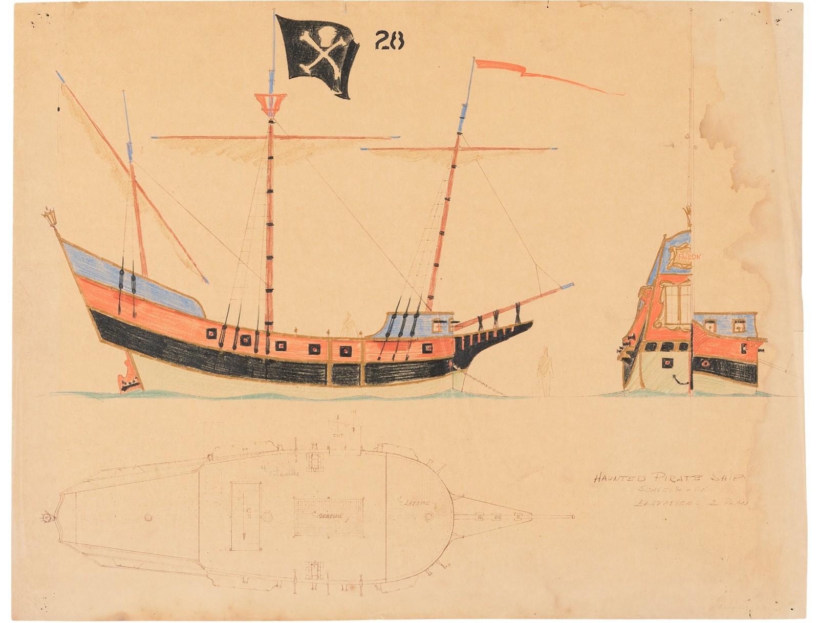 Disney 1954 Disneyland Jolly Roger Pirate Ship Bushman Concept Brownline 3-Set