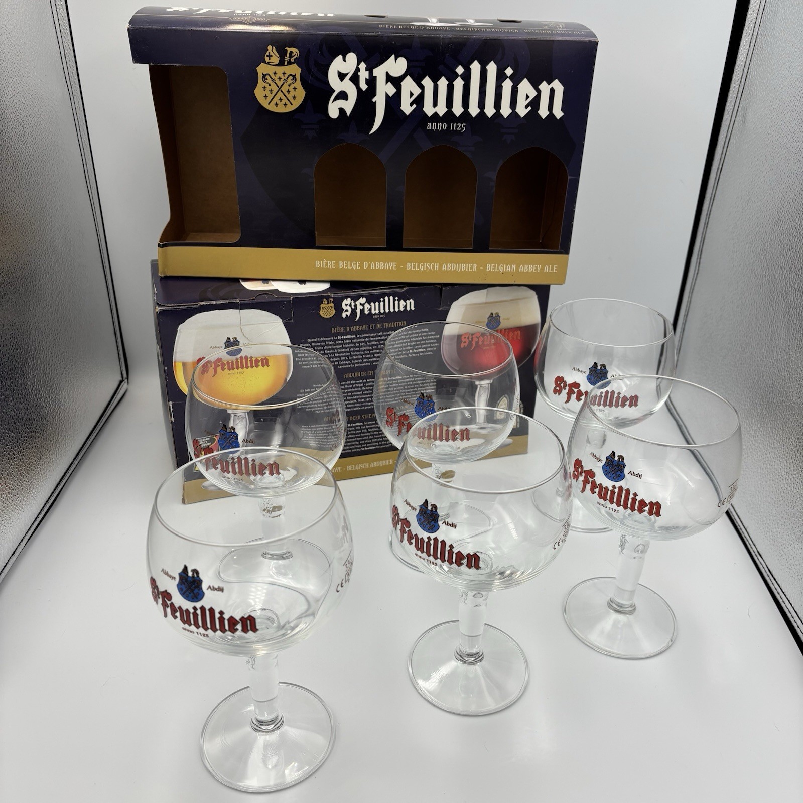 Set of 6 St Feuillien Belgian Beer Chalice Glasses 33cl + Collectable Boxes
